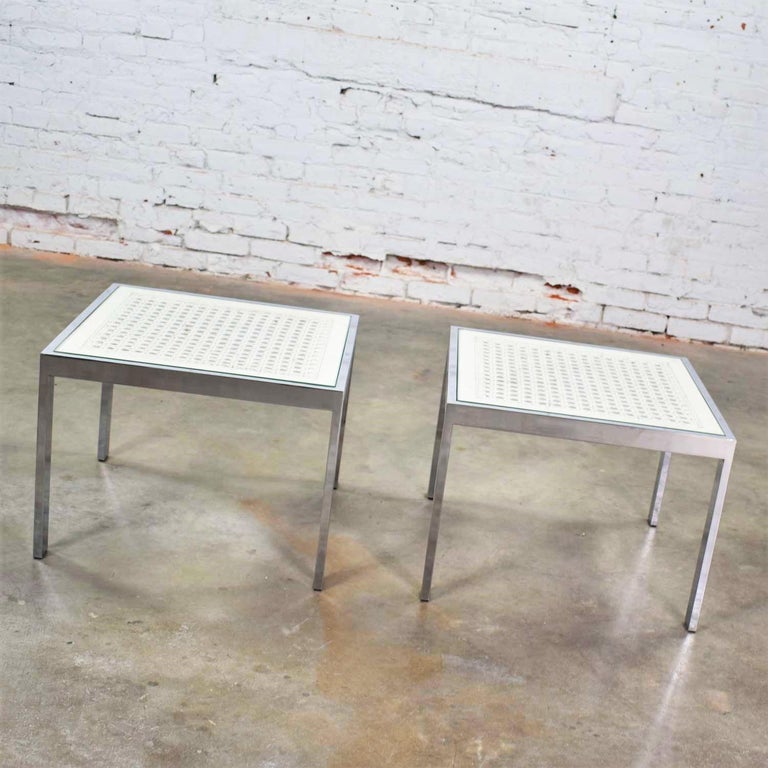 Pr Chrome and White Cane Square Side Tables Glass Top MidCentury