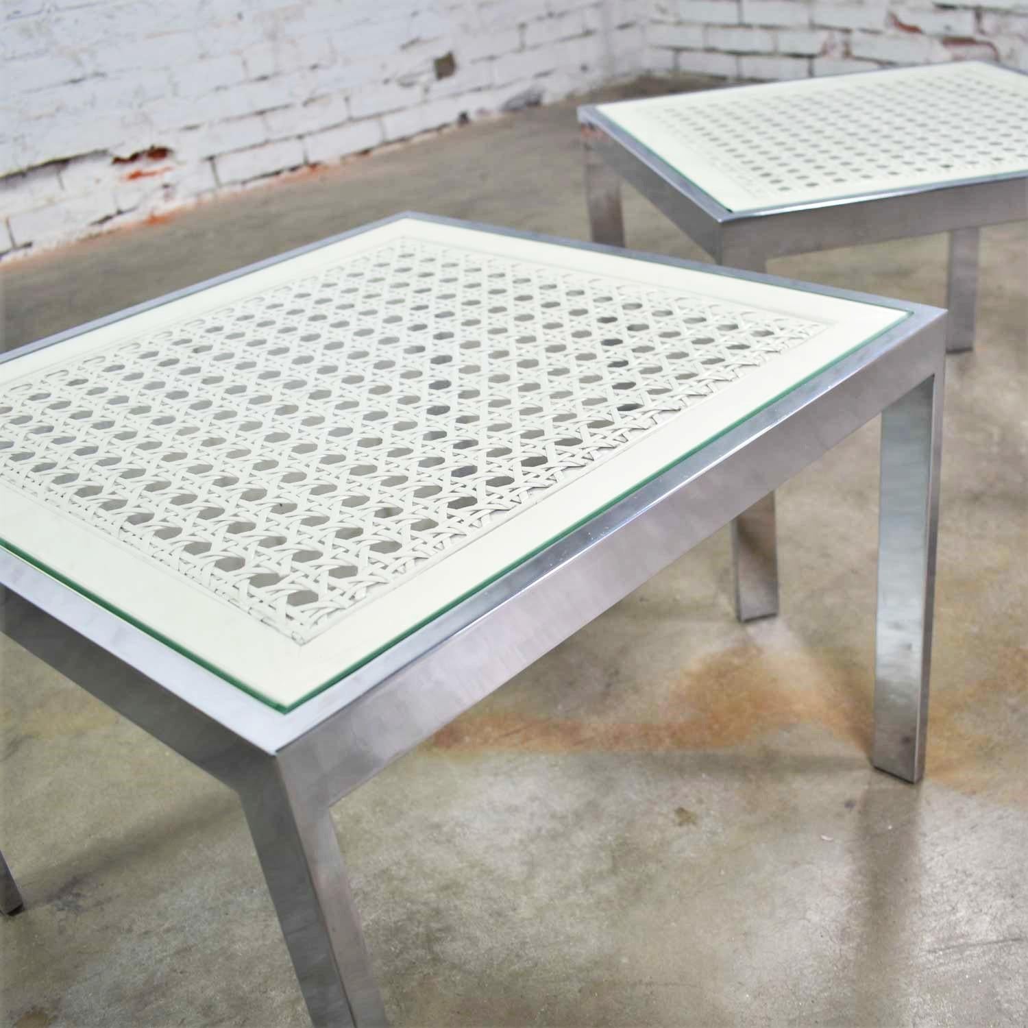 Pr Chrome & White Cane Square Side Tables Glass Top Mid-Century Modern to Modern In Good Condition For Sale In Topeka, KS