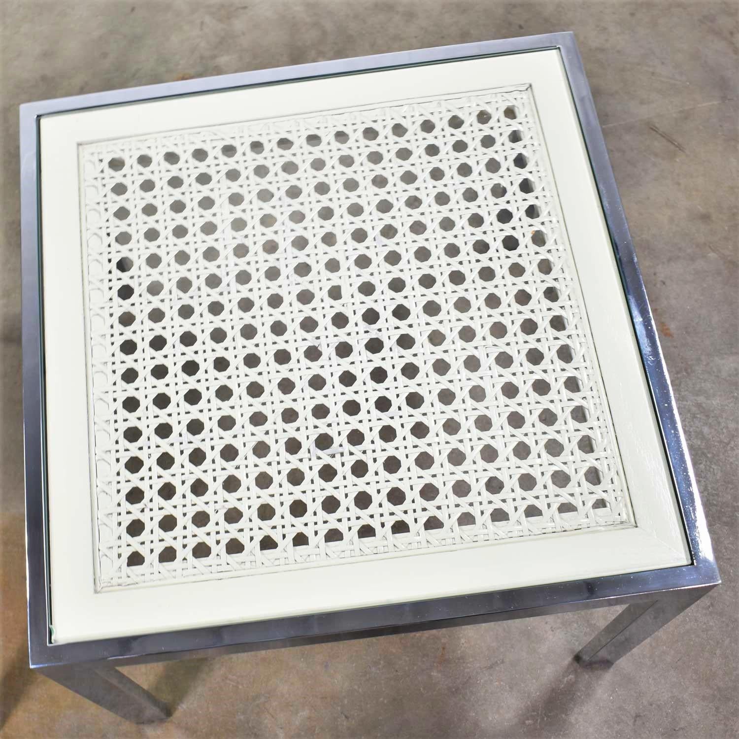 Pr Chrome & White Cane Square Side Tables Glass Top Mid-Century Modern to Modern en vente 4