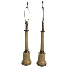 Pr. Columnar Table Lamps in Gold Crackle Glass by Paul Hanson
