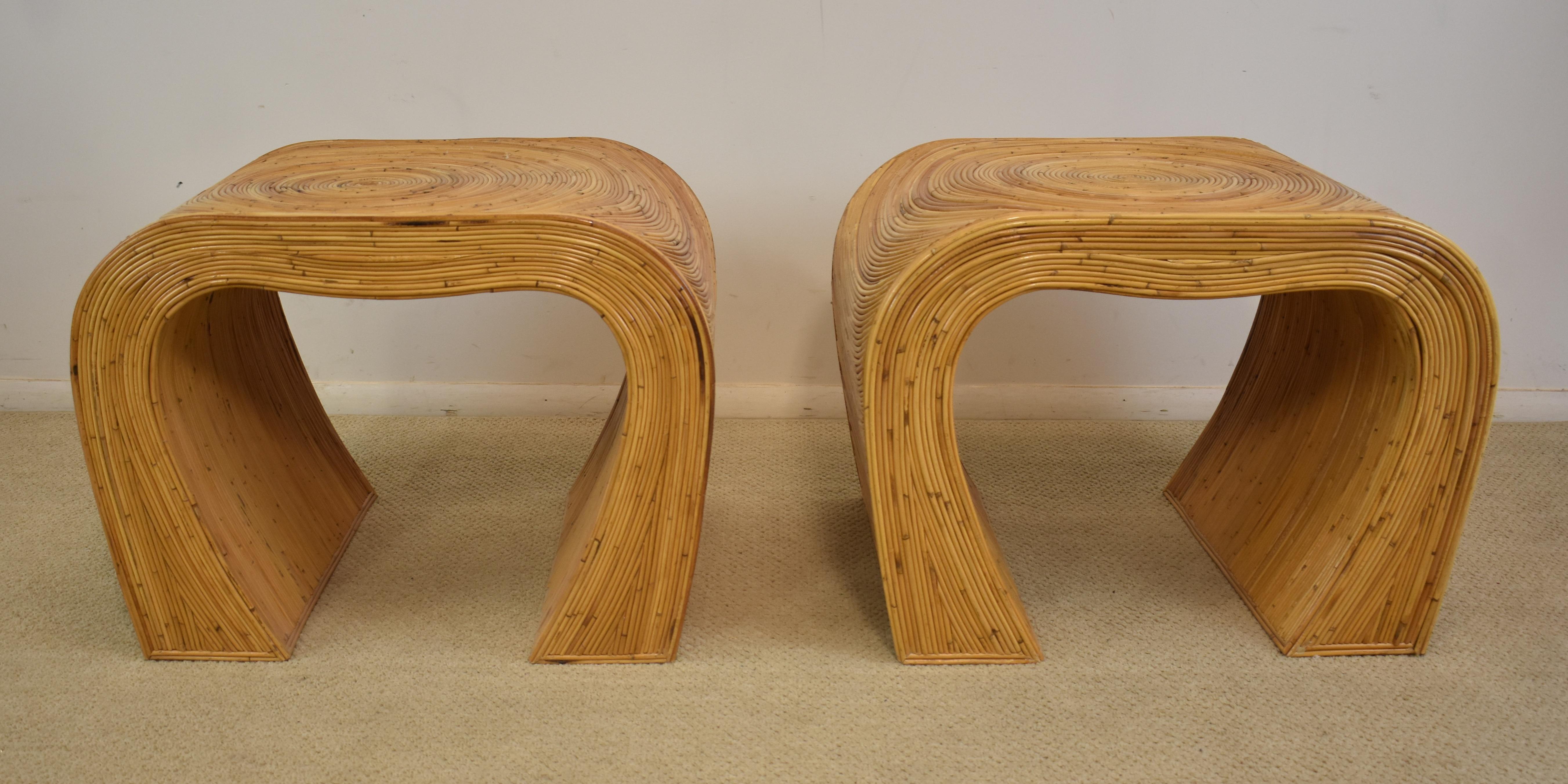 Pair of organic modern curved rattan pencil reed side tables.