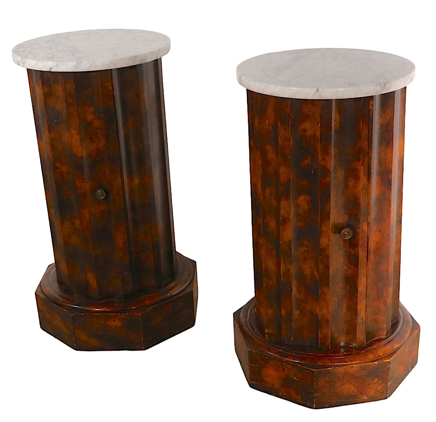 Neoclassical Revival Pr. Decorative Marble Top Half Column Pedestals in Faux Tortoise Shell Finish For Sale