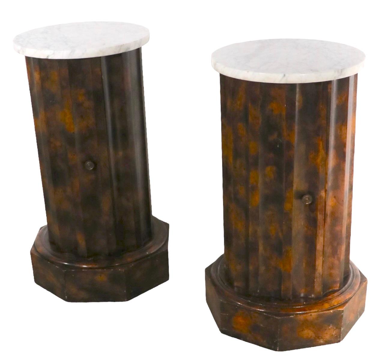 American Pr. Decorative Marble Top Half Column Pedestals in Faux Tortoise Shell Finish For Sale