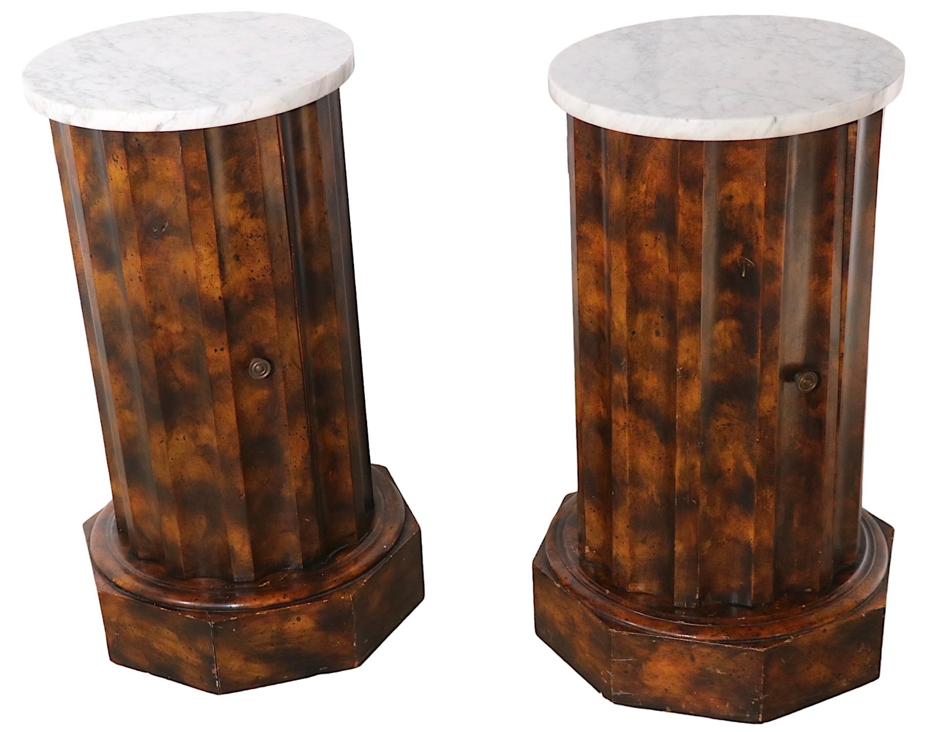 Pr. Decorative Marble Top Half Column Pedestals in Faux Tortoise Shell Finish In Good Condition For Sale In New York, NY