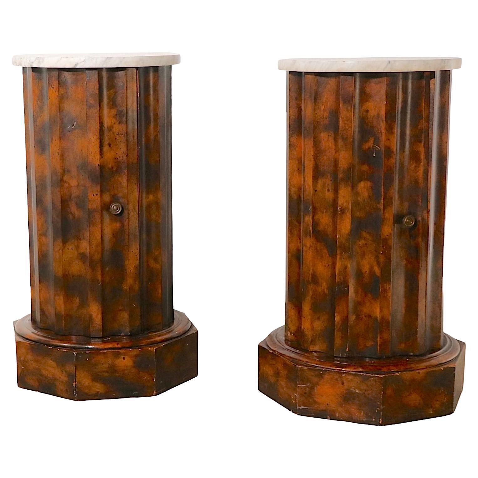 Pr. Decorative Marble Top Half Column Pedestals in Faux Tortoise Shell Finish For Sale