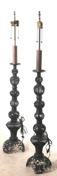 Pr. Decorative Vintage Pierced Metal Floor Lamps Made in India Ca. 1970's