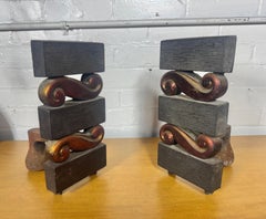 Pr, Donald Deskey for Bennett Textured Bronze and Brass Andirons C. 1950s