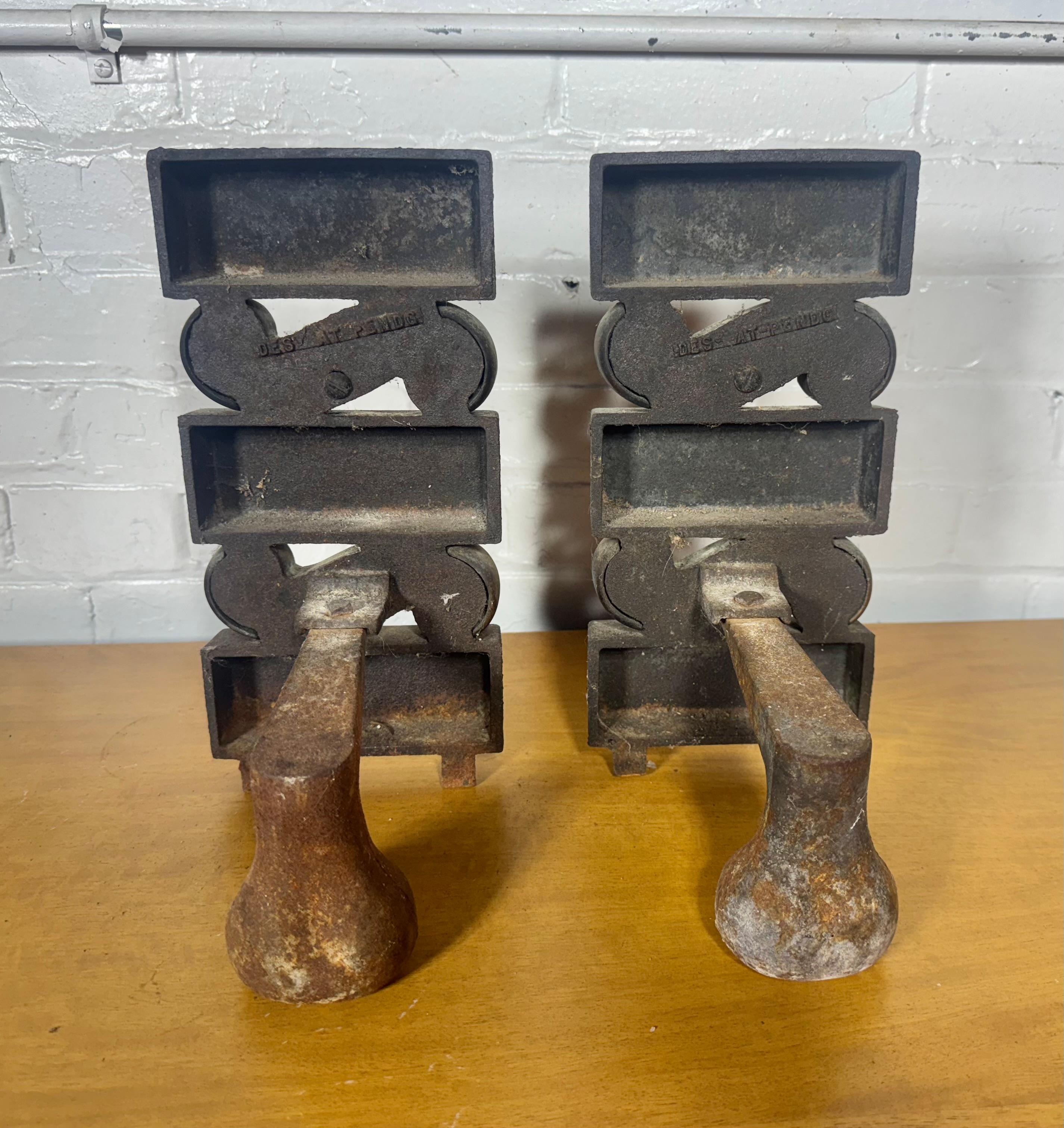 Art Deco Pr, Donald Deskey for Bennett Textured Bronze and Brass Andirons C. 1950s For Sale