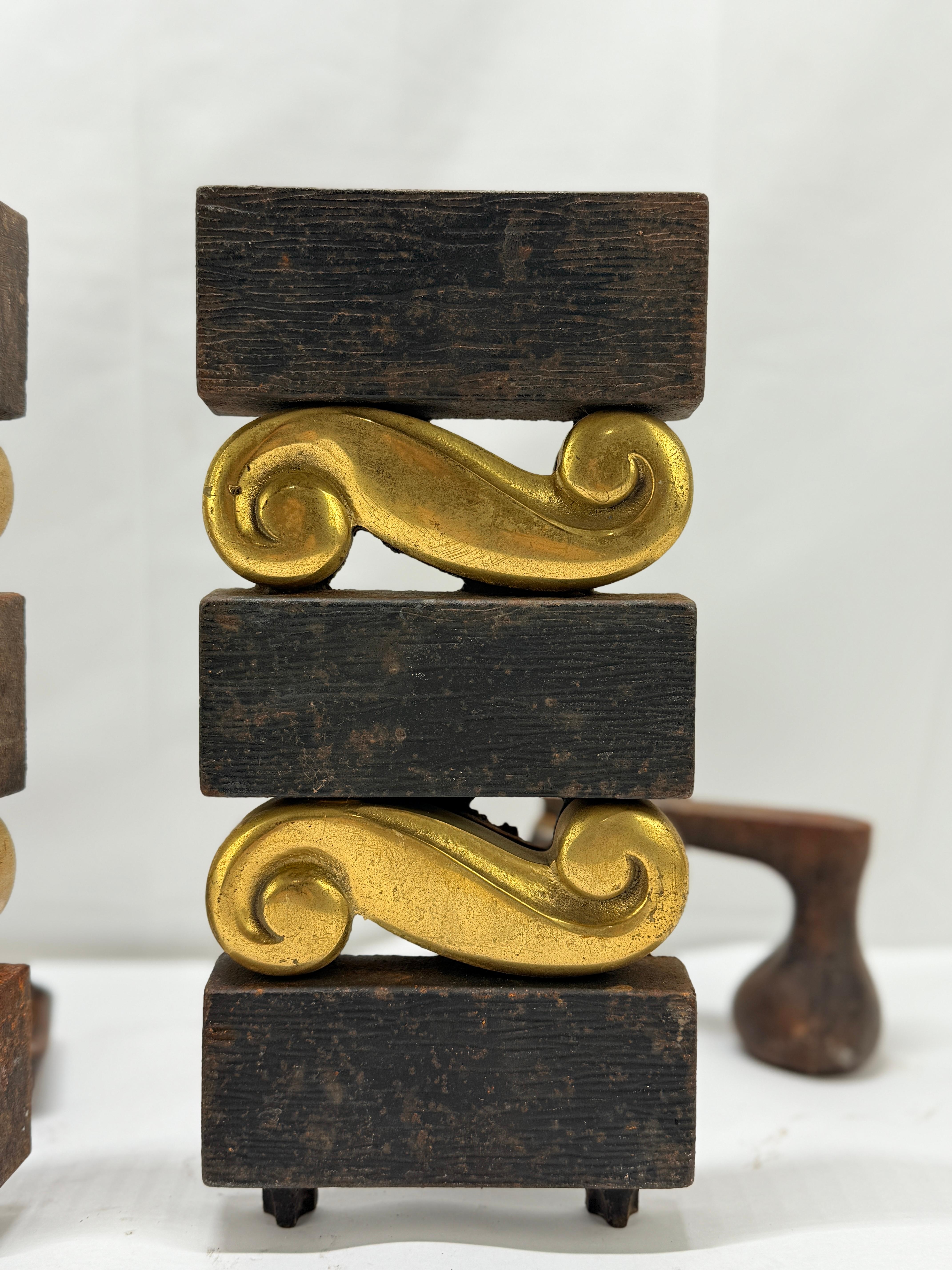 Mid-Century Modern Pr, Donald Deskey for Bennett Textured Bronze and Brass Andirons C. 1950s For Sale