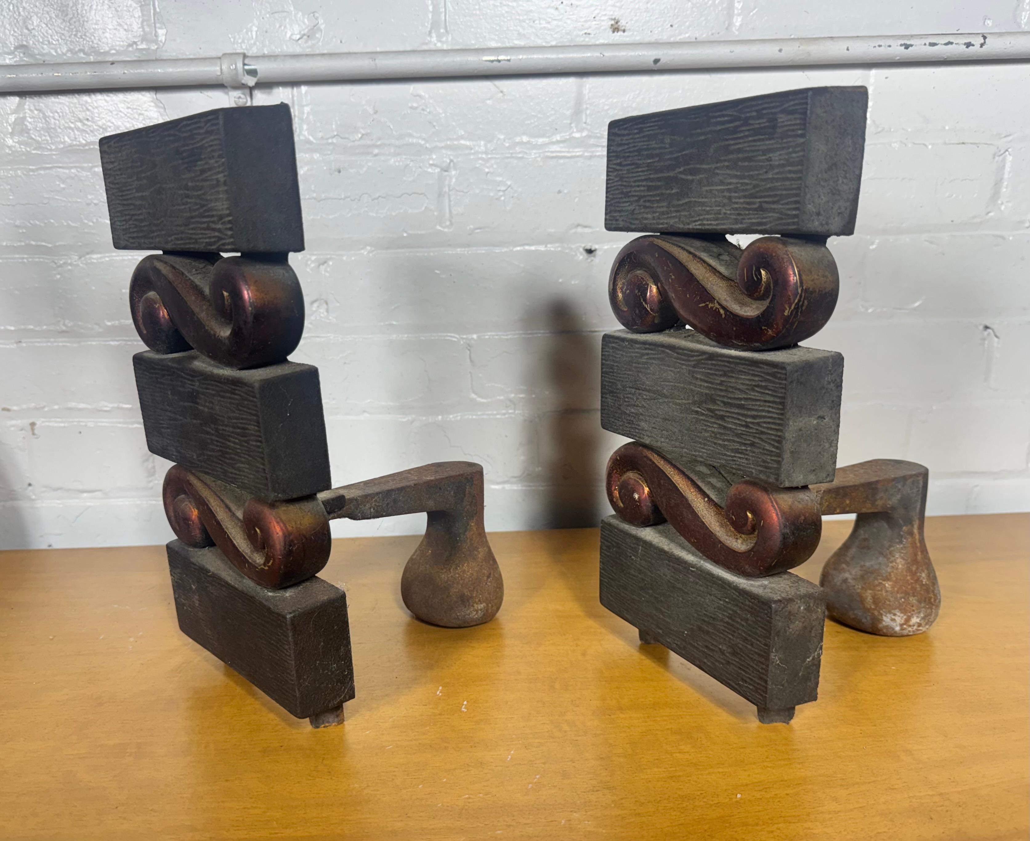 Mid-20th Century Pr, Donald Deskey for Bennett Textured Bronze and Brass Andirons C. 1950s For Sale