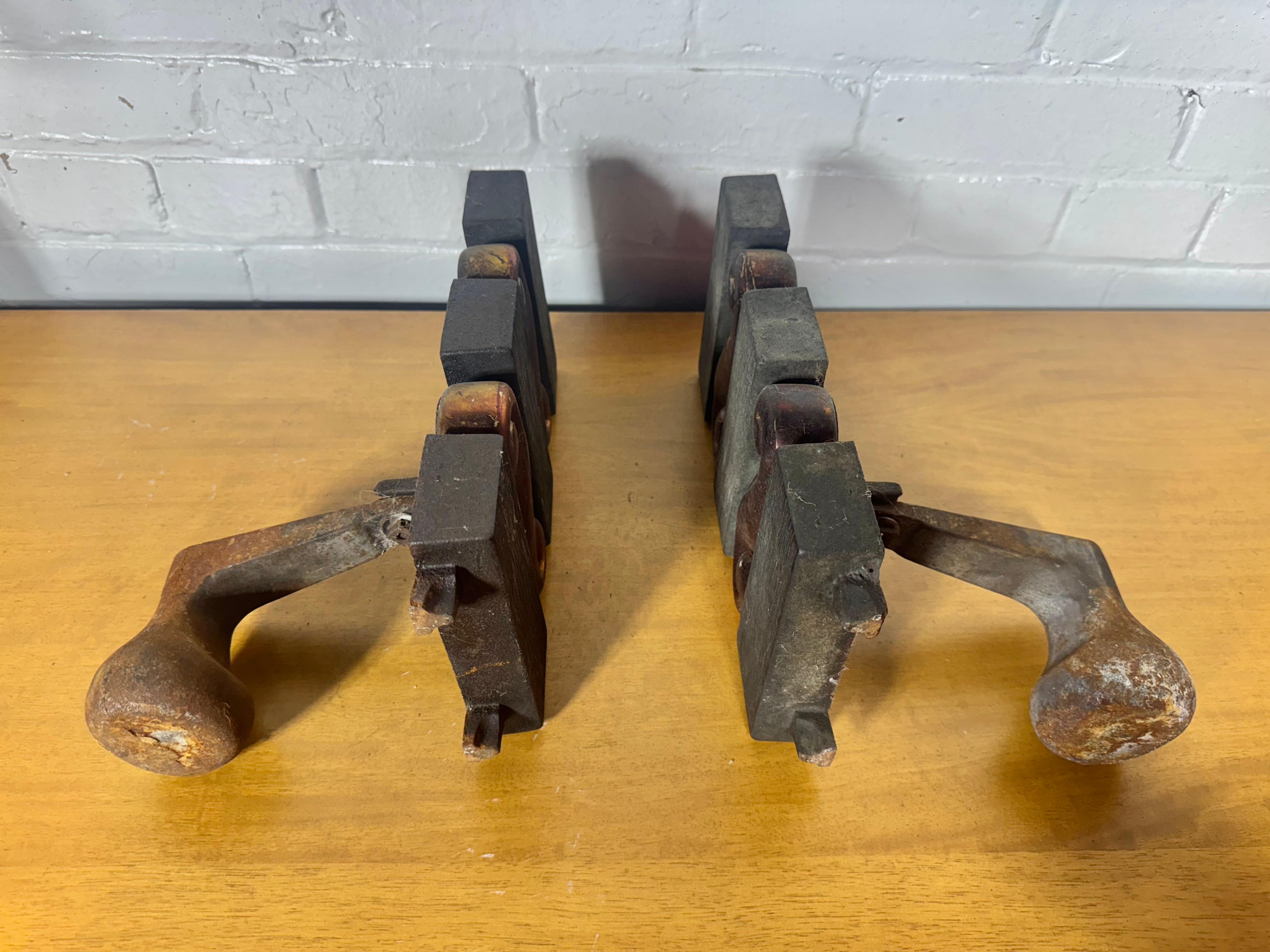 Pr, Donald Deskey for Bennett Textured Bronze and Brass Andirons C. 1950s For Sale 2