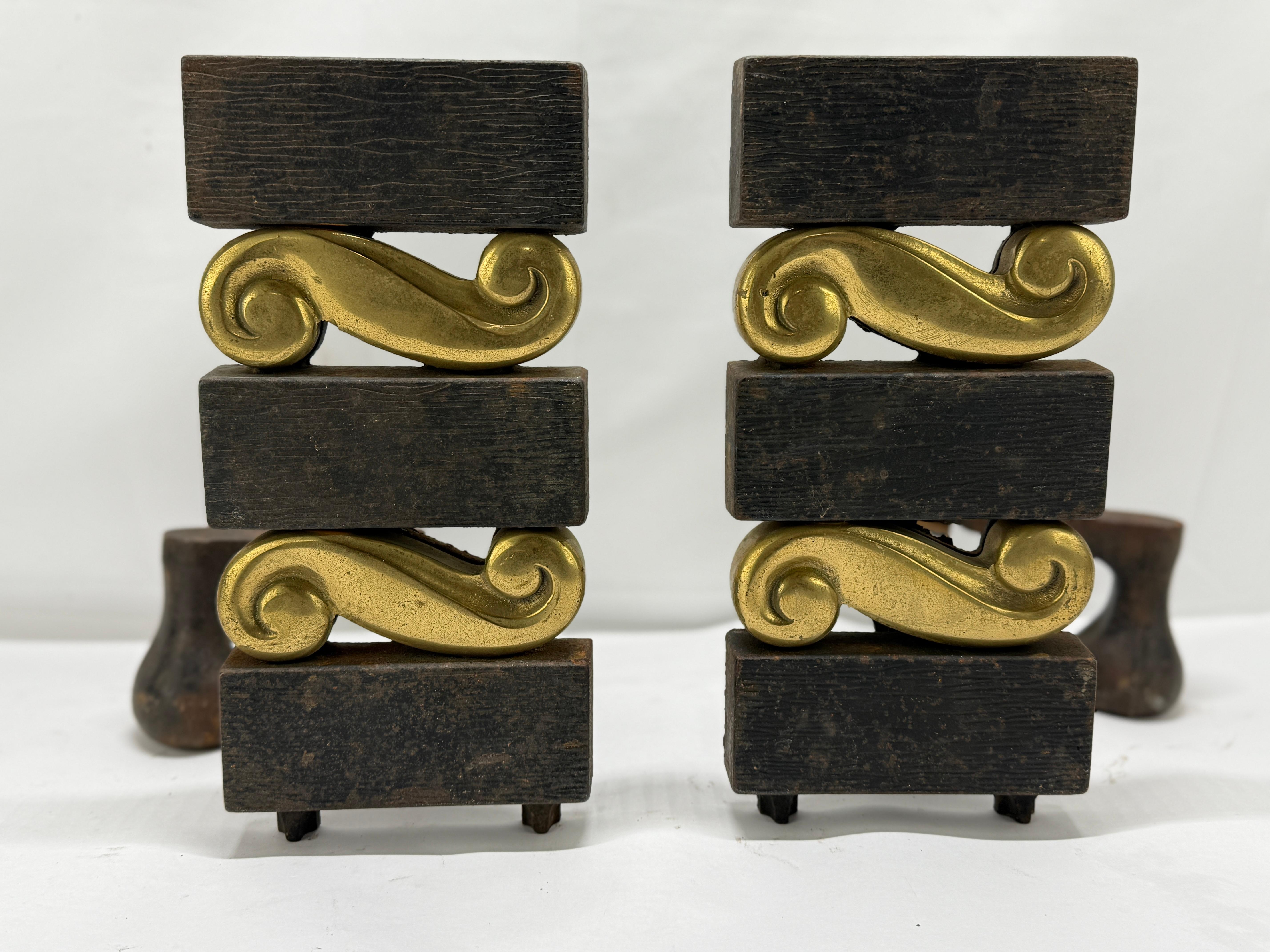 Pr, Donald Deskey for Bennett Textured Bronze and Brass Andirons C. 1950s For Sale 2