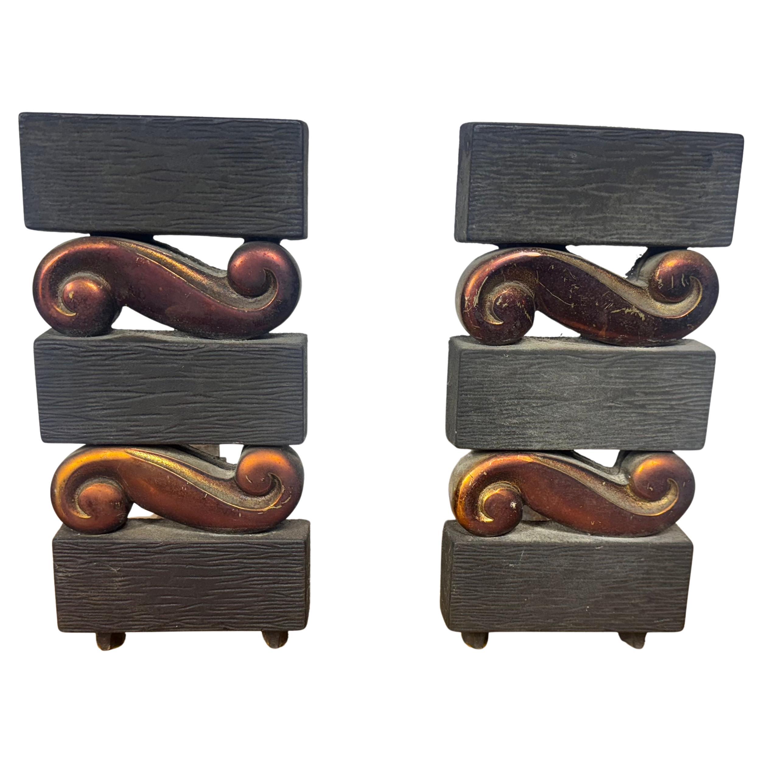 Pr, Donald Deskey for Bennett Textured Bronze and Brass Andirons C. 1950s For Sale