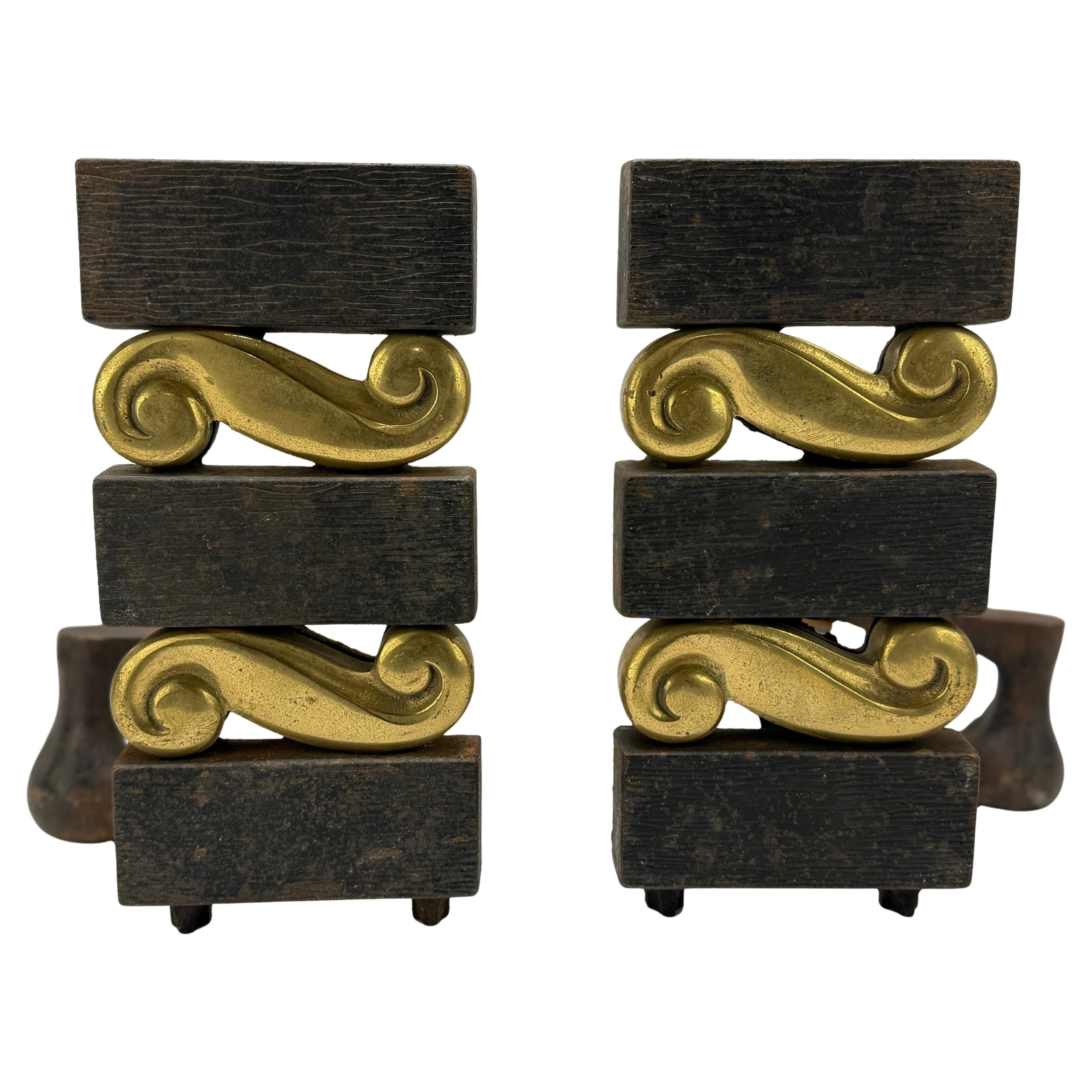Pr, Donald Deskey for Bennett Textured Bronze and Brass Andirons C.C. 1950s