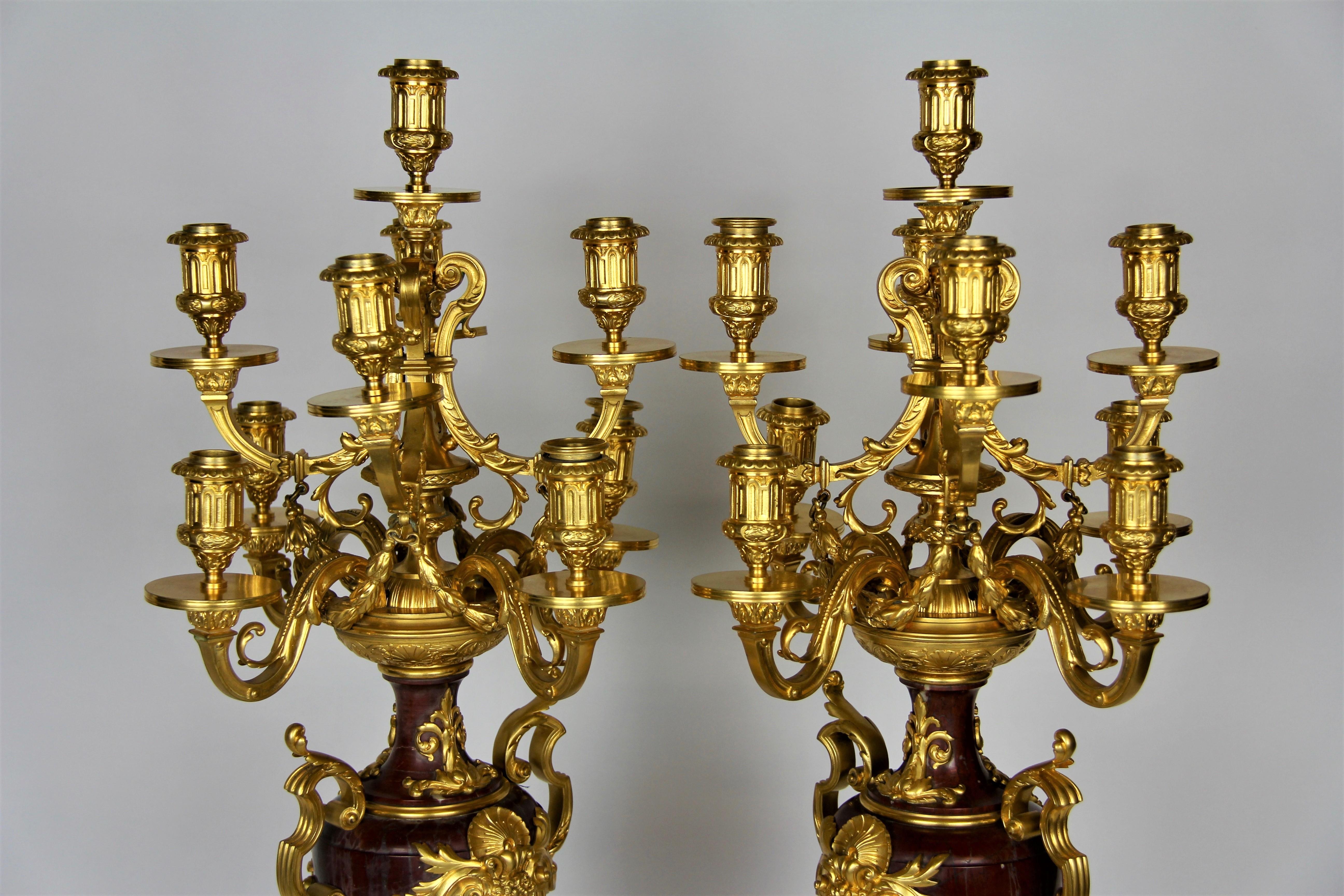 Pair of Doré Bronze Mtd Rouge Marble 9-Arm Candelabras, Signed by Barbedienne For Sale 2