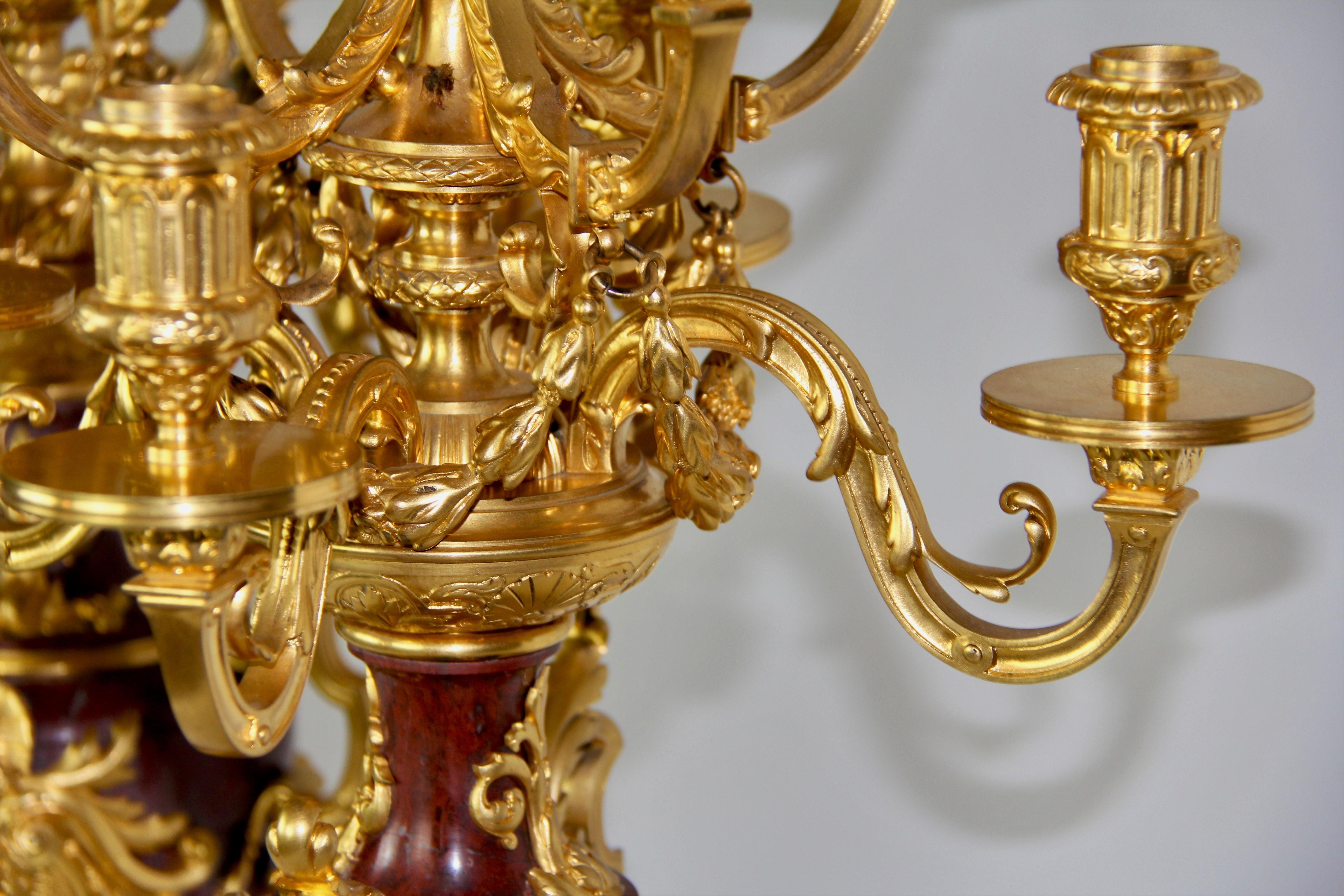 Pair of Doré Bronze Mtd Rouge Marble 9-Arm Candelabras, Signed by Barbedienne For Sale 3