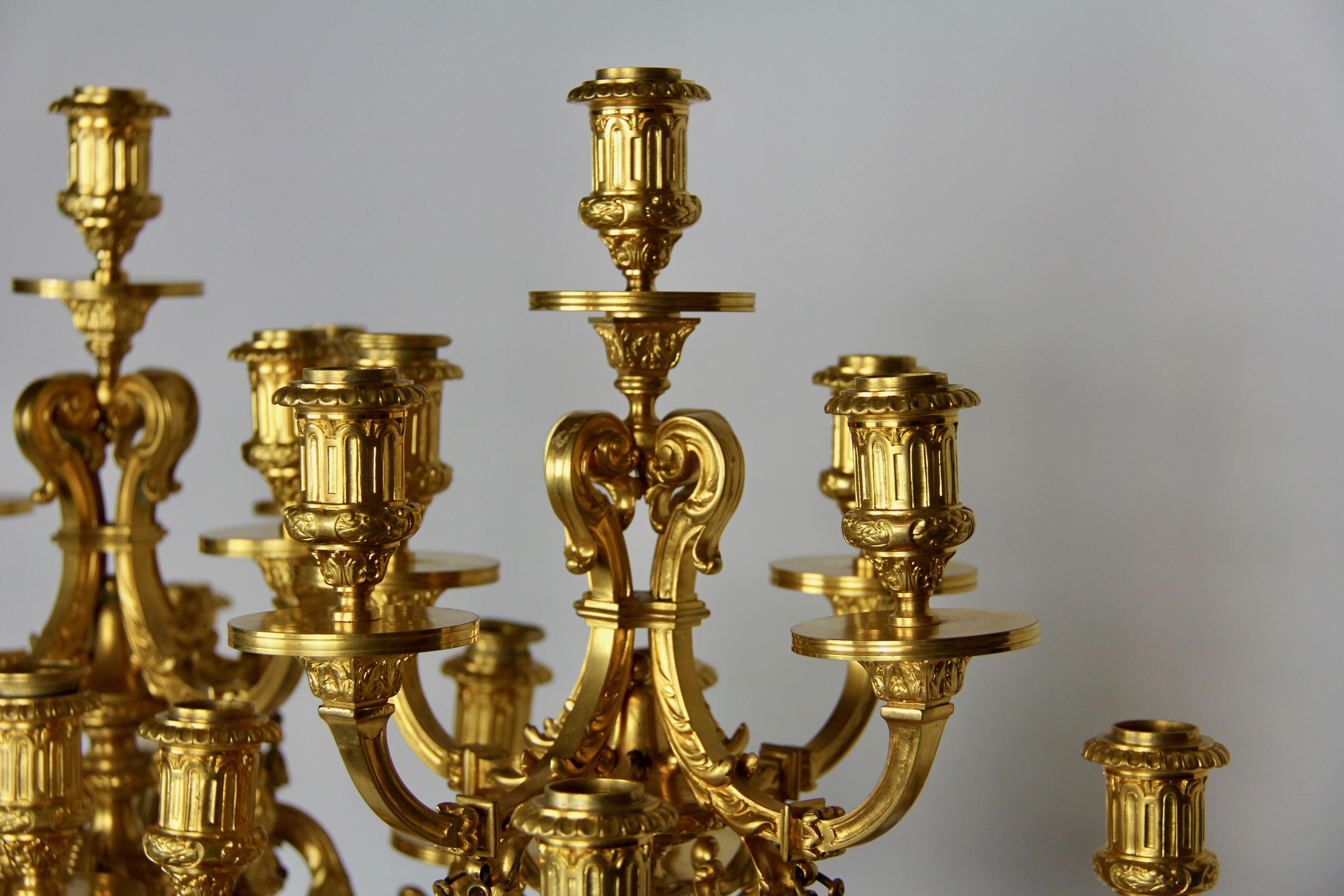 Pair of Doré Bronze Mtd Rouge Marble 9-Arm Candelabras, Signed by Barbedienne For Sale 4