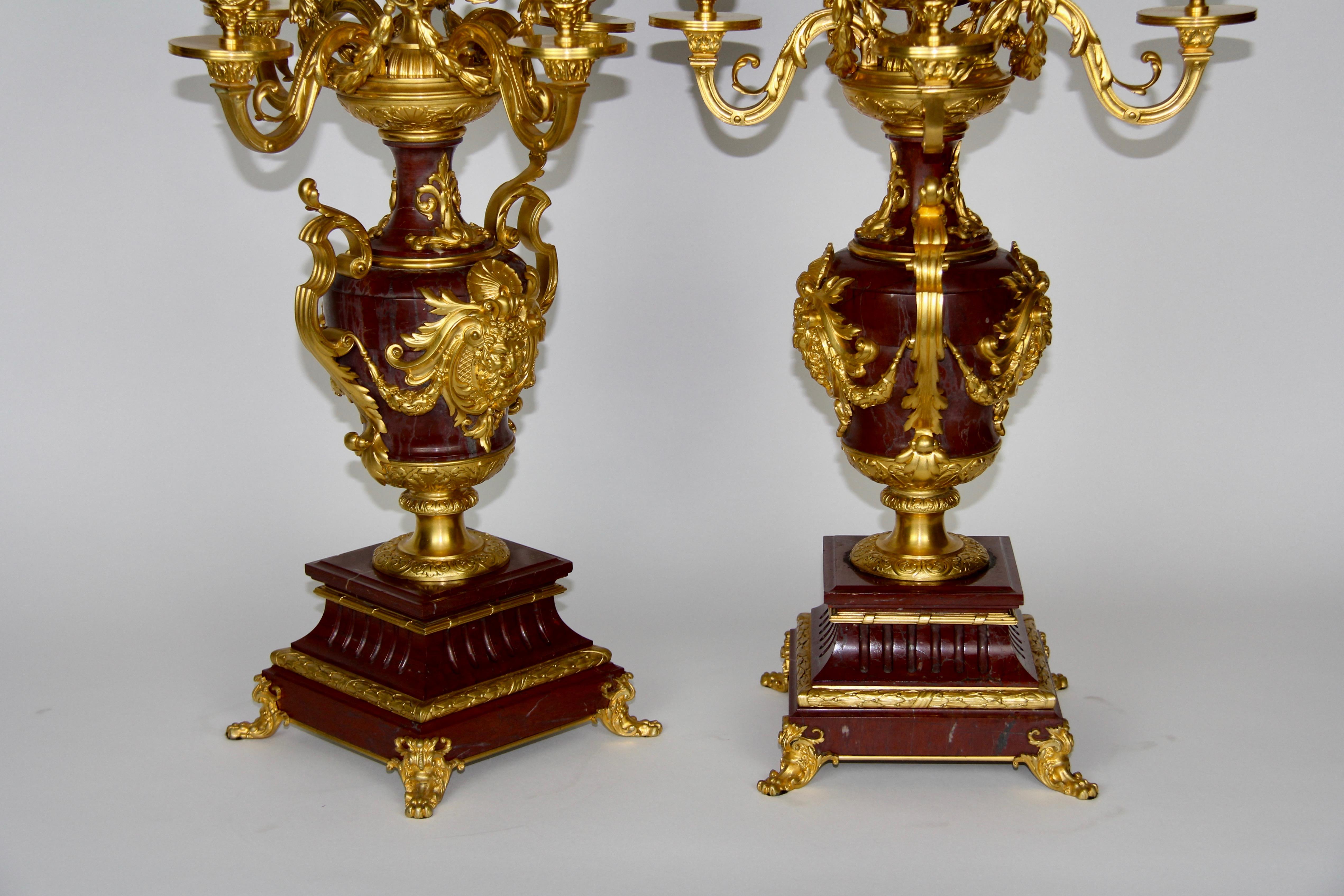 Louis XVI Pair of Doré Bronze Mtd Rouge Marble 9-Arm Candelabras, Signed by Barbedienne For Sale
