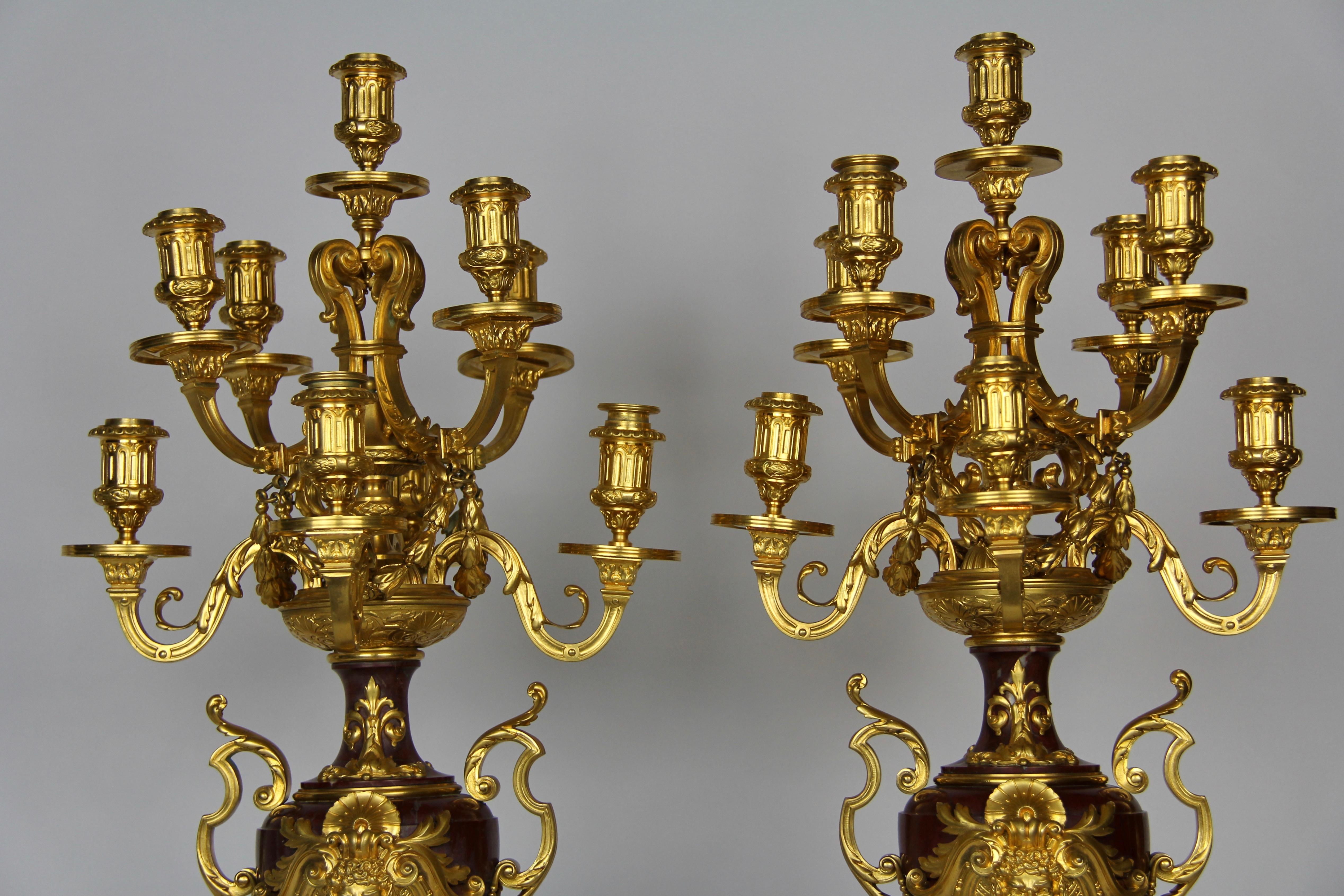 French Pair of Doré Bronze Mtd Rouge Marble 9-Arm Candelabras, Signed by Barbedienne For Sale