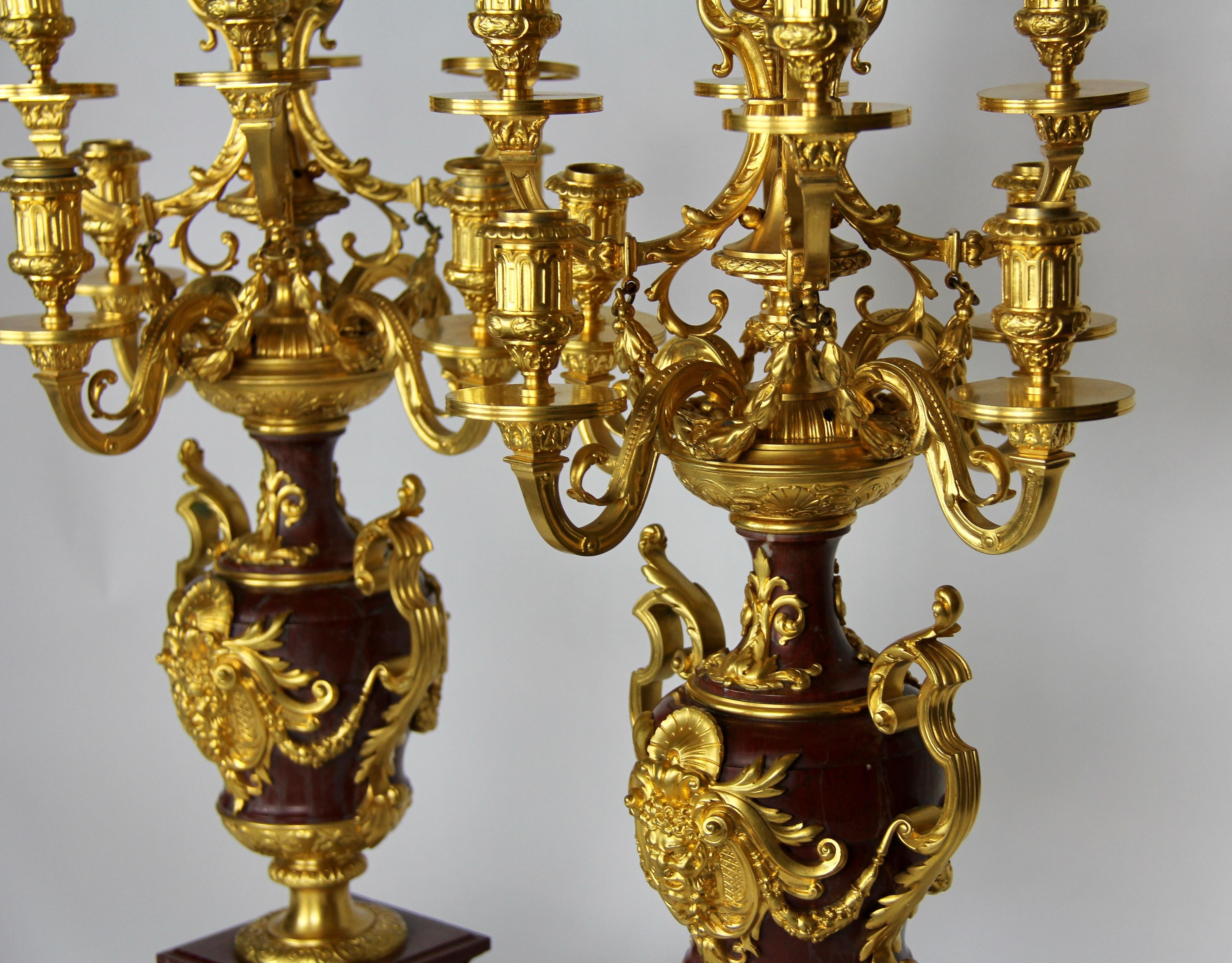 Hand-Carved Pair of Doré Bronze Mtd Rouge Marble 9-Arm Candelabras, Signed by Barbedienne For Sale