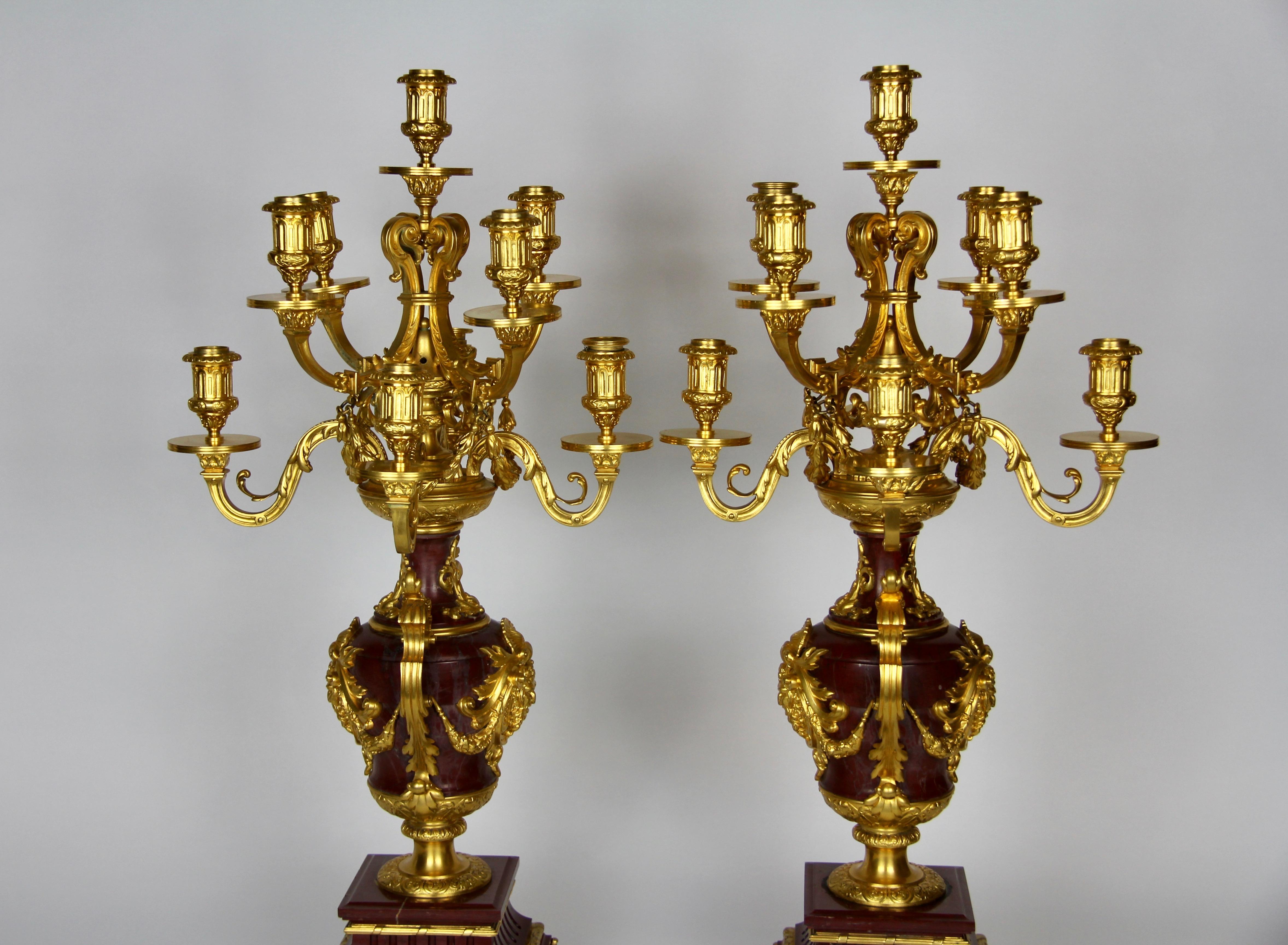 Pair of Doré Bronze Mtd Rouge Marble 9-Arm Candelabras, Signed by Barbedienne In Good Condition For Sale In New York, NY