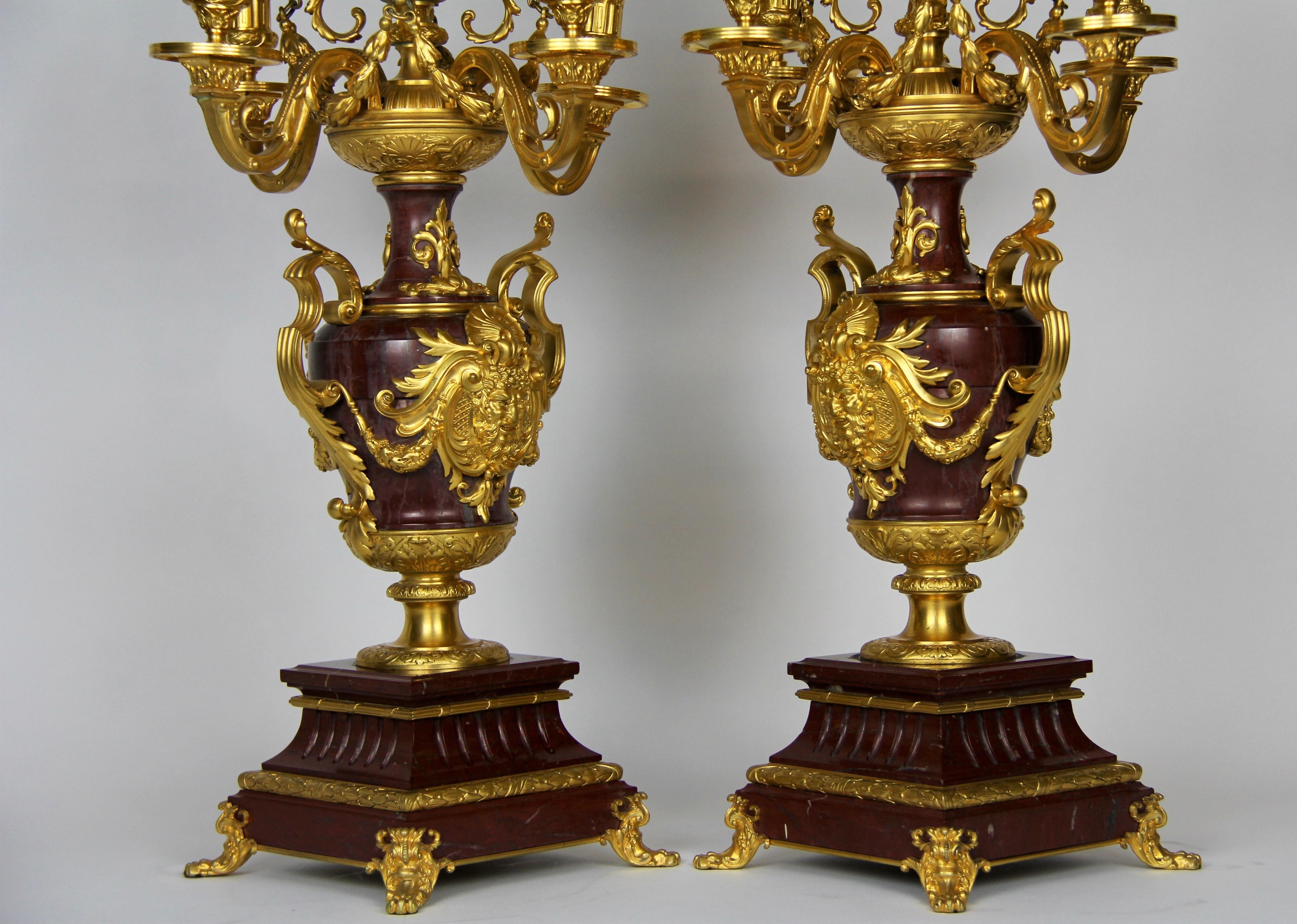 Mid-19th Century Pair of Doré Bronze Mtd Rouge Marble 9-Arm Candelabras, Signed by Barbedienne For Sale
