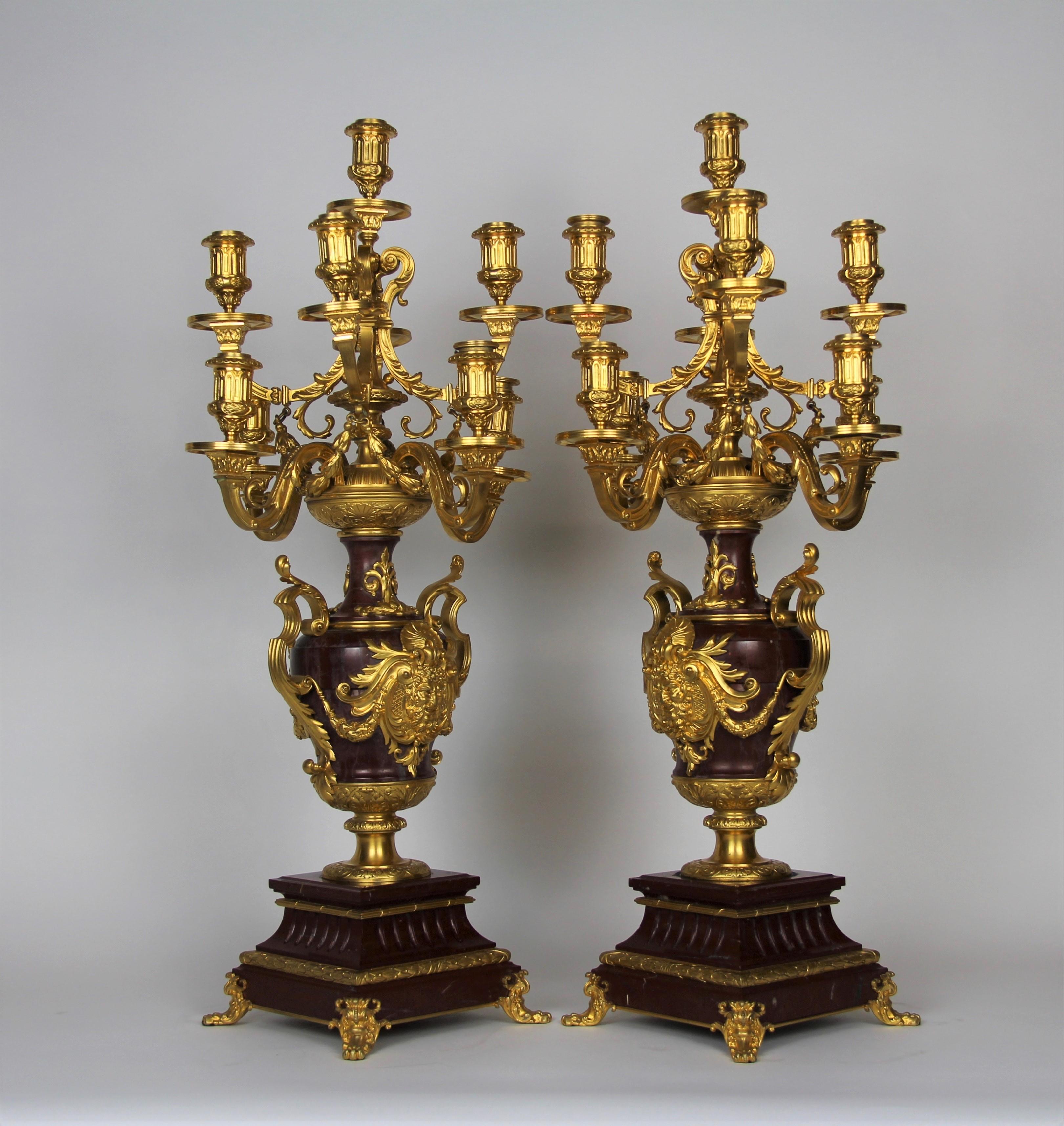Pair of Doré Bronze Mtd Rouge Marble 9-Arm Candelabras, Signed by Barbedienne For Sale 1