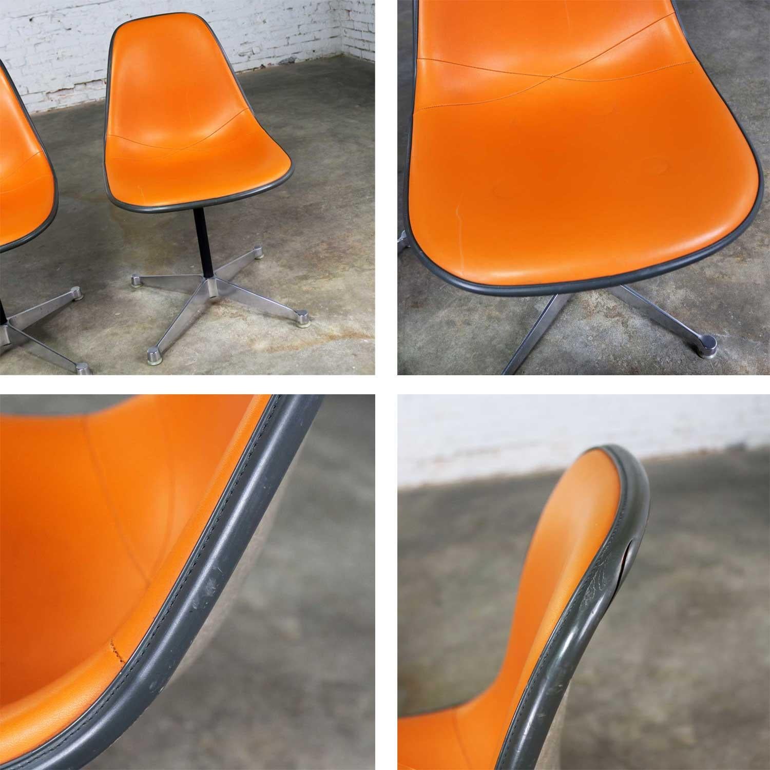 Pair of  Eames PSC Orange Vinyl Upholstered Pivoting Side Shell Chairs 4