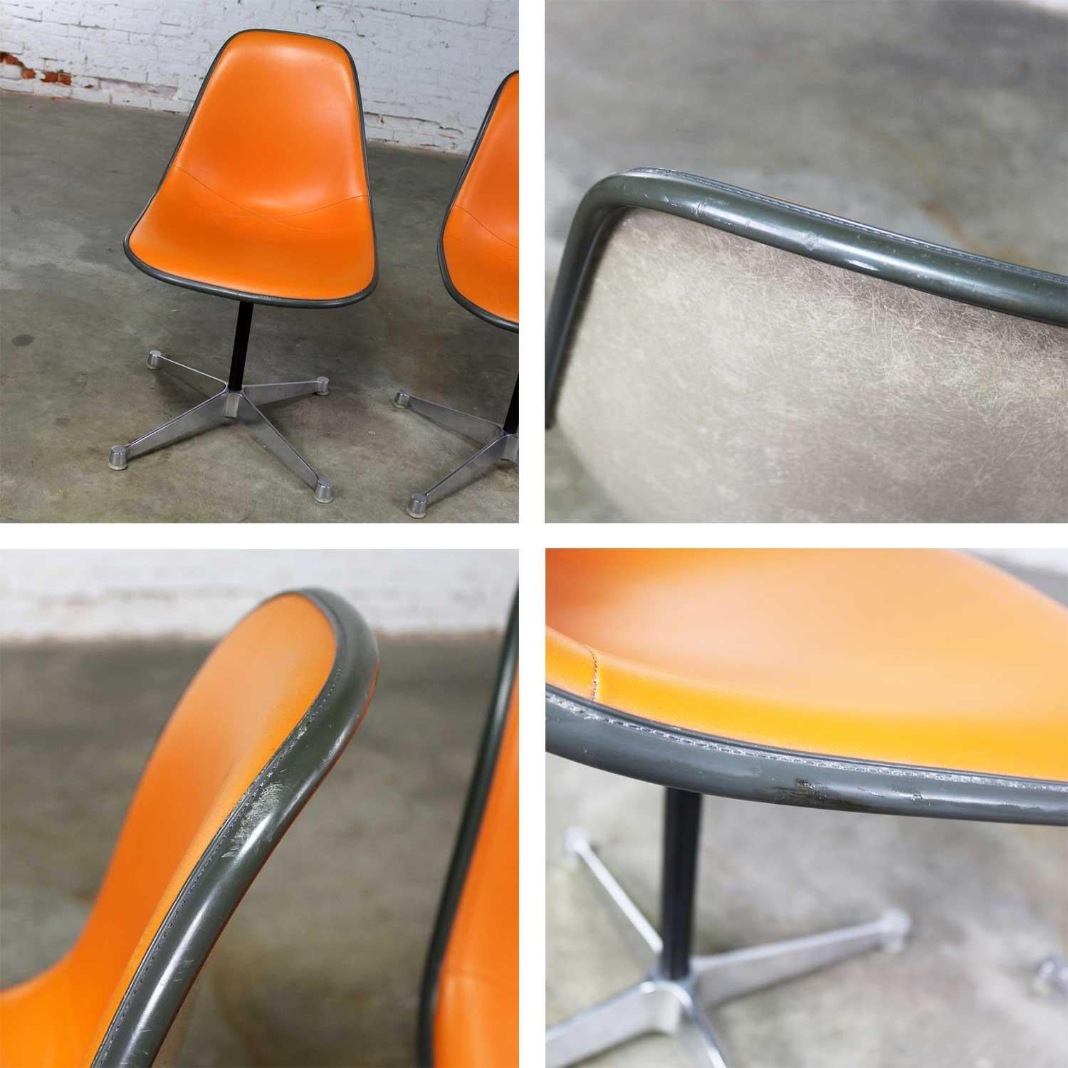 Pair of  Eames PSC Orange Vinyl Upholstered Pivoting Side Shell Chairs 5