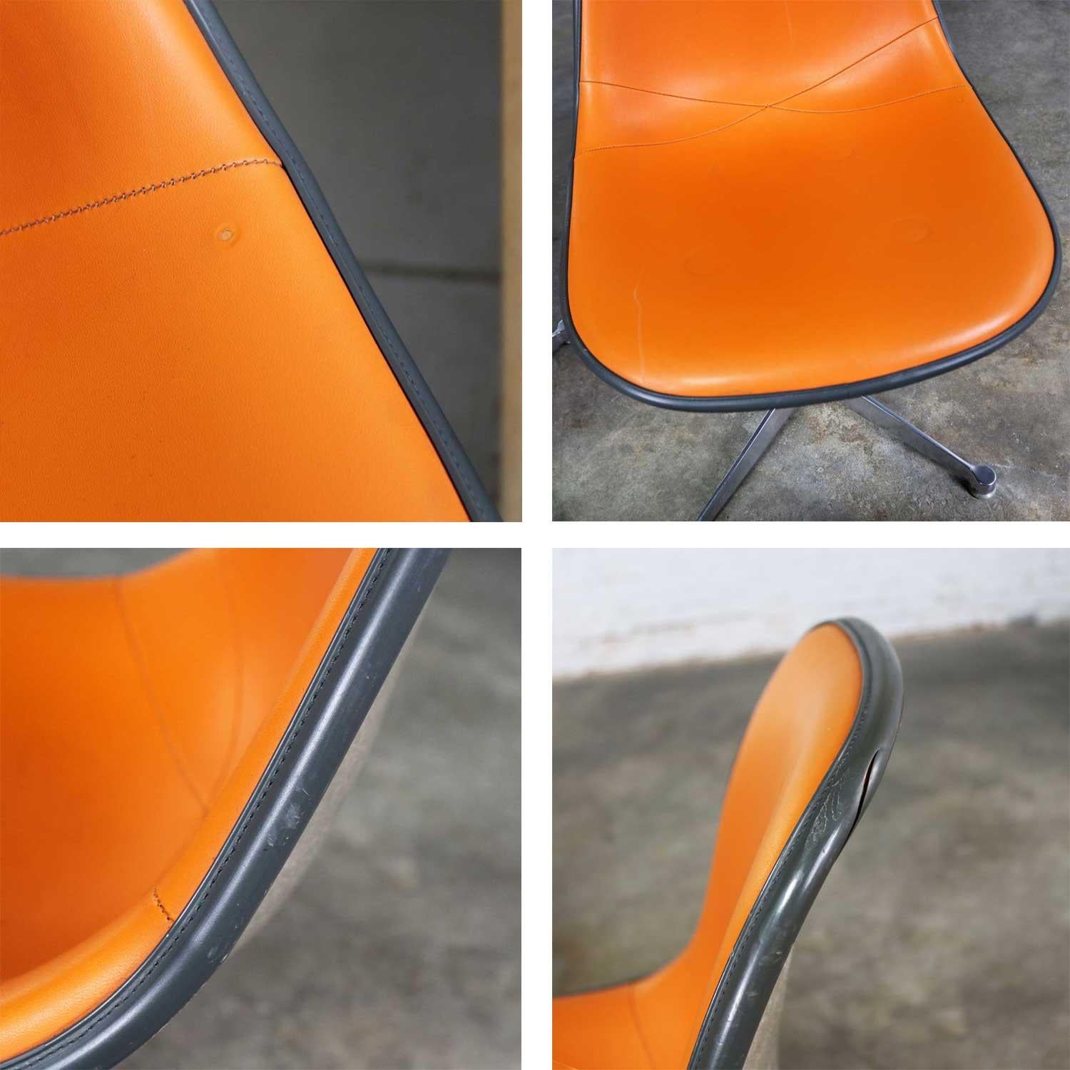 Pair of  Eames PSC Orange Vinyl Upholstered Pivoting Side Shell Chairs 6