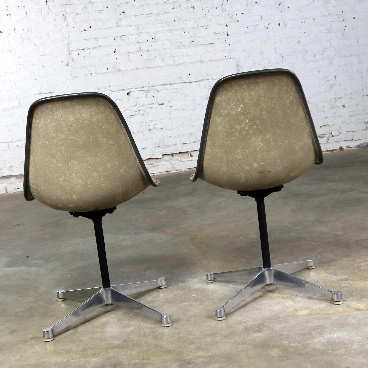 Mid-Century Modern Pair of  Eames PSC Orange Vinyl Upholstered Pivoting Side Shell Chairs