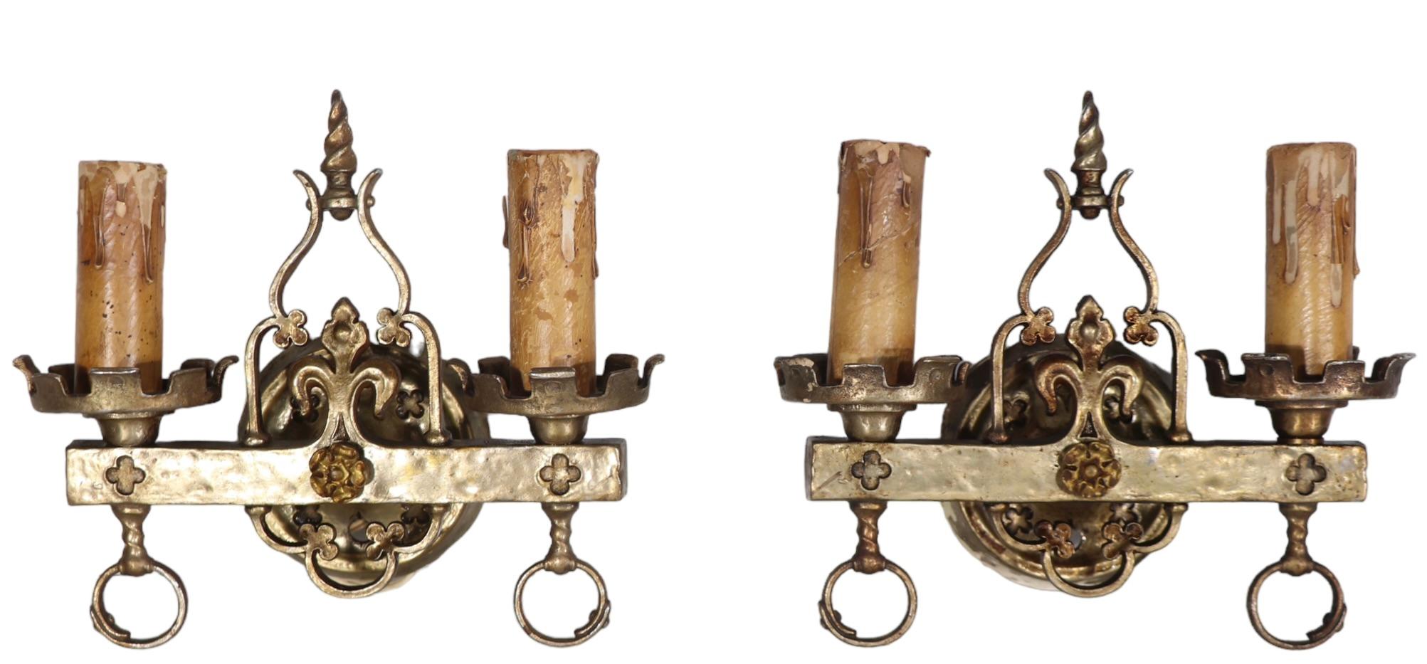 20th Century Pr. Early Electric Arts and Crafts Gothic Sconces by Lion Electric Mfg. Co.  For Sale