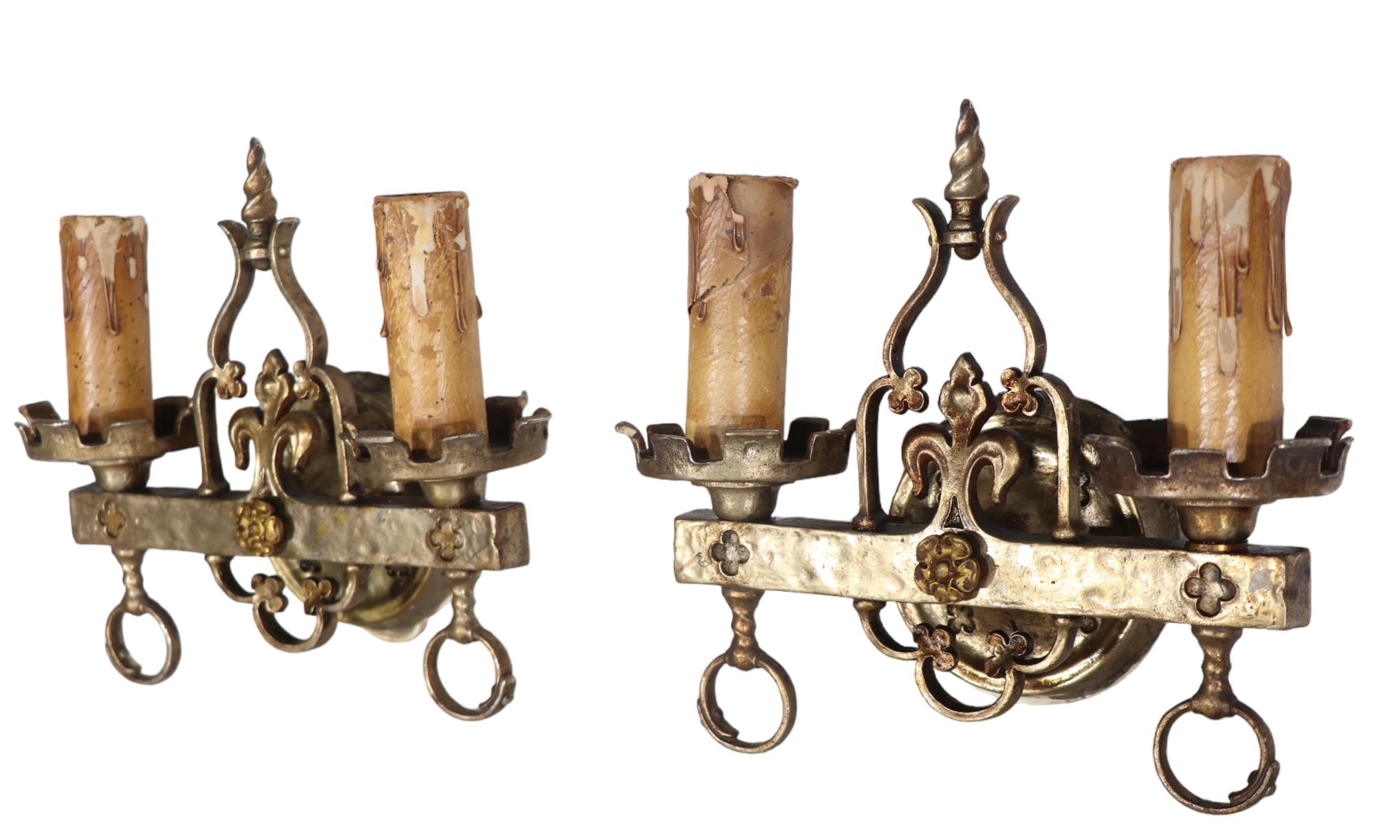 Brass Pr. Early Electric Arts and Crafts Gothic Sconces by Lion Electric Mfg. Co. For Sale