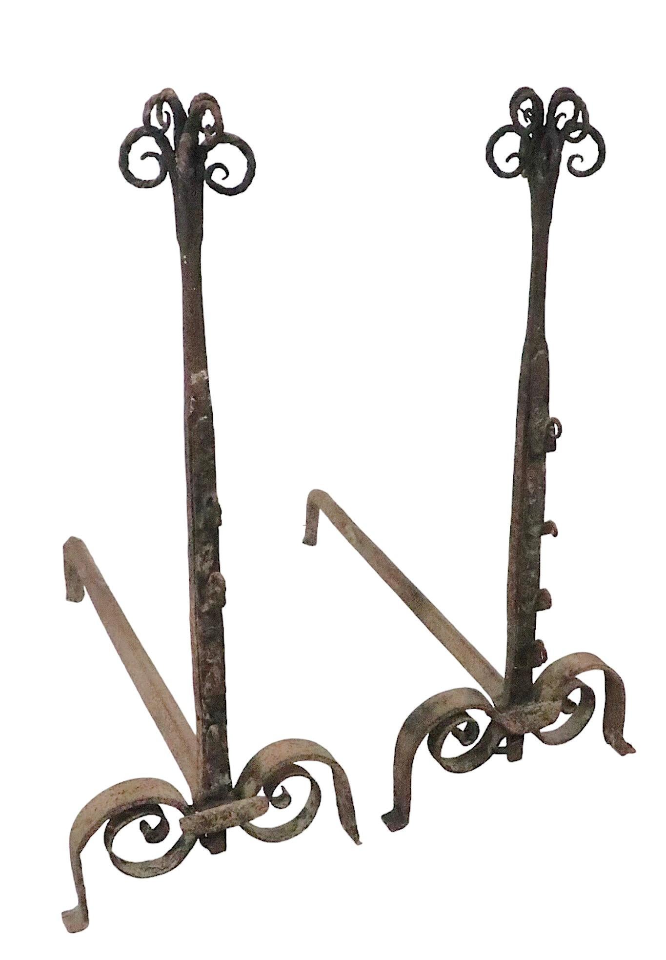 Pr. Early Forged Iron Andirons 18th - Early 19th C Vintage  For Sale 5