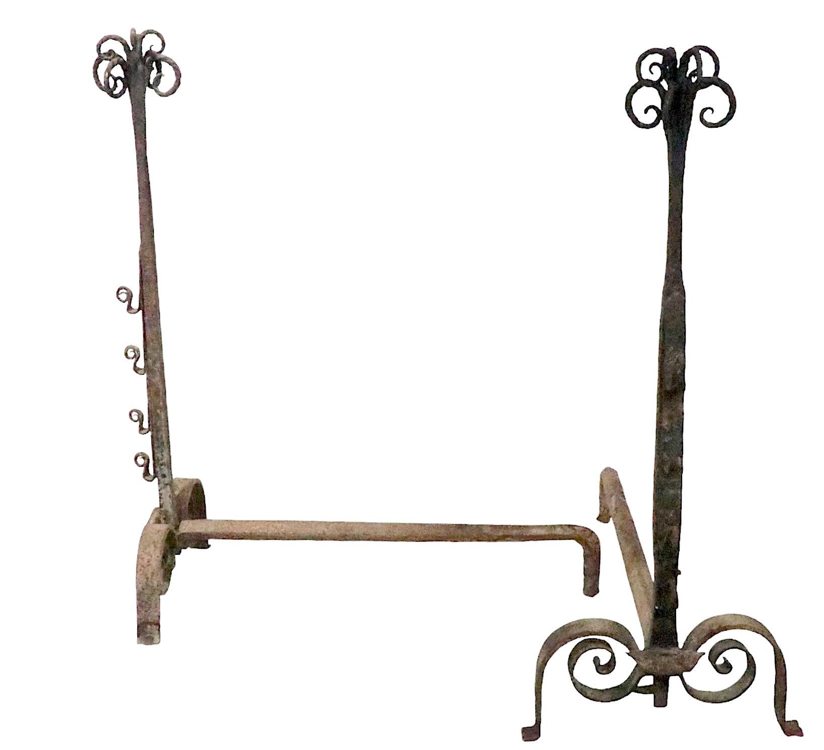 Pr. Early Forged Iron Andirons 18th - Early 19th C Vintage  For Sale 8