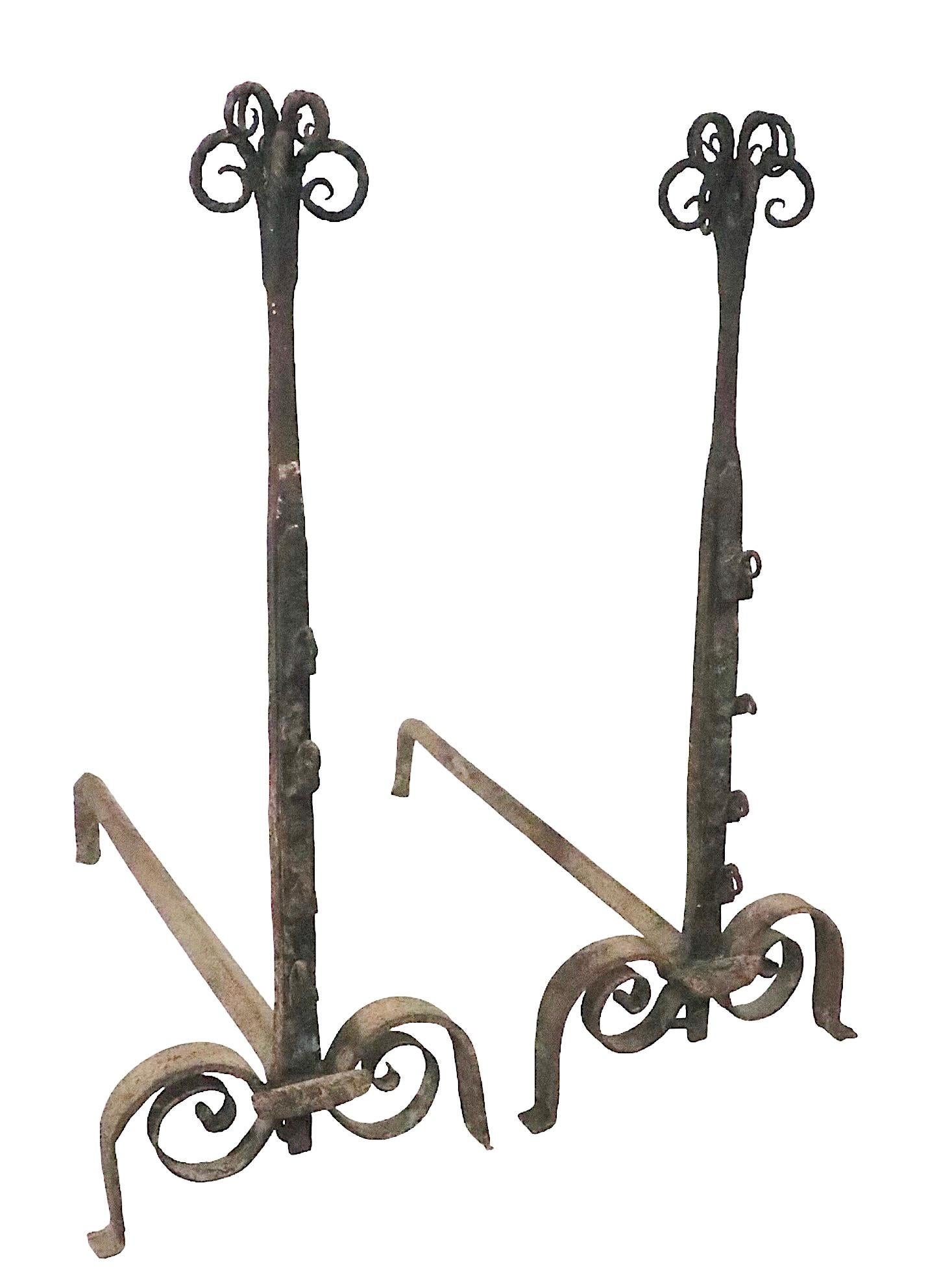 Pr. Early Forged Iron Andirons 18th - Early 19th C Vintage  For Sale 9