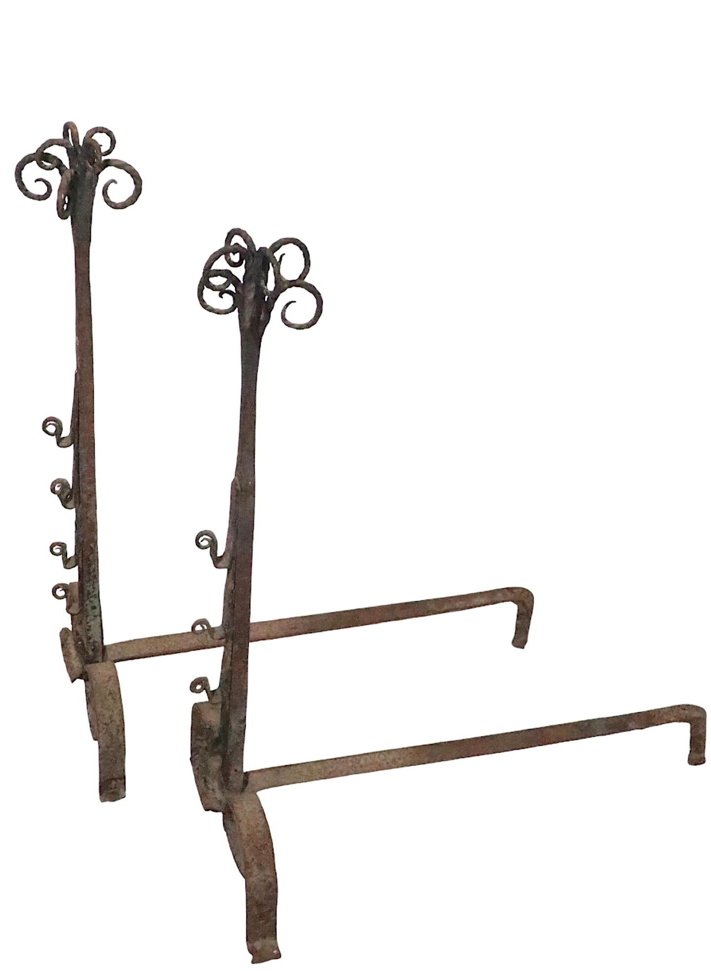 Pr. Early Forged Iron Andirons 18th - Early 19th C Vintage  For Sale 10