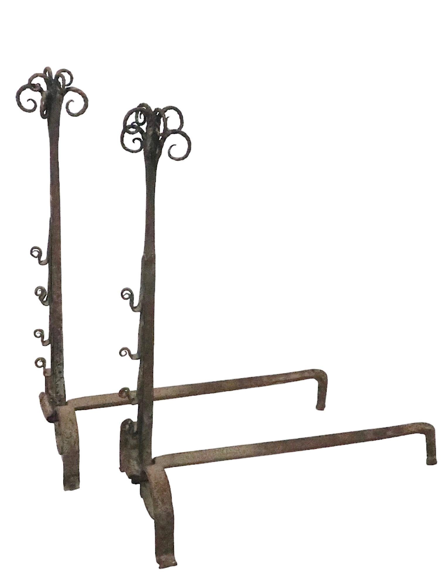 Pr. Early Forged Iron Andirons 18th - Early 19th C Vintage  For Sale 11