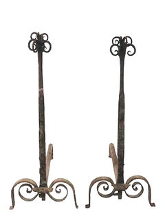 Pr. Early Forged Iron Andirons 18th - Early 19th C Vintage