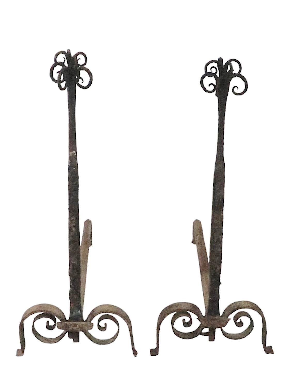 Rustic Pr. Early Forged Iron Andirons 18th - Early 19th C Vintage  For Sale