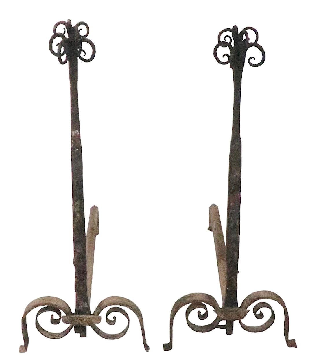 French Pr. Early Forged Iron Andirons 18th - Early 19th C Vintage  For Sale