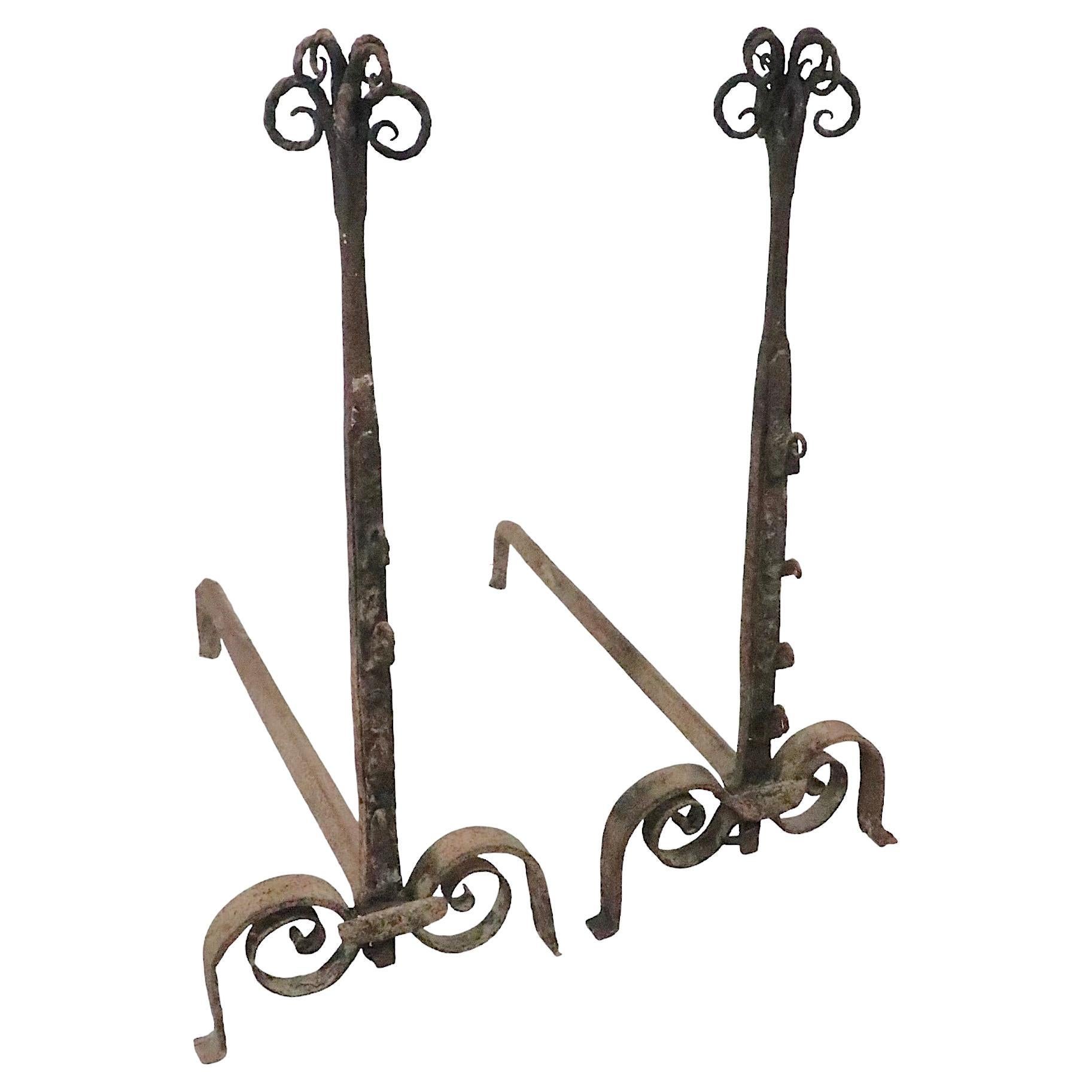 Pr. Early Forged Iron Andirons 18th - Early 19th C Vintage  For Sale