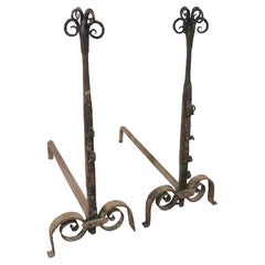 Pr. Early Forged Iron Andirons 18th - Early 19th C Vintage 