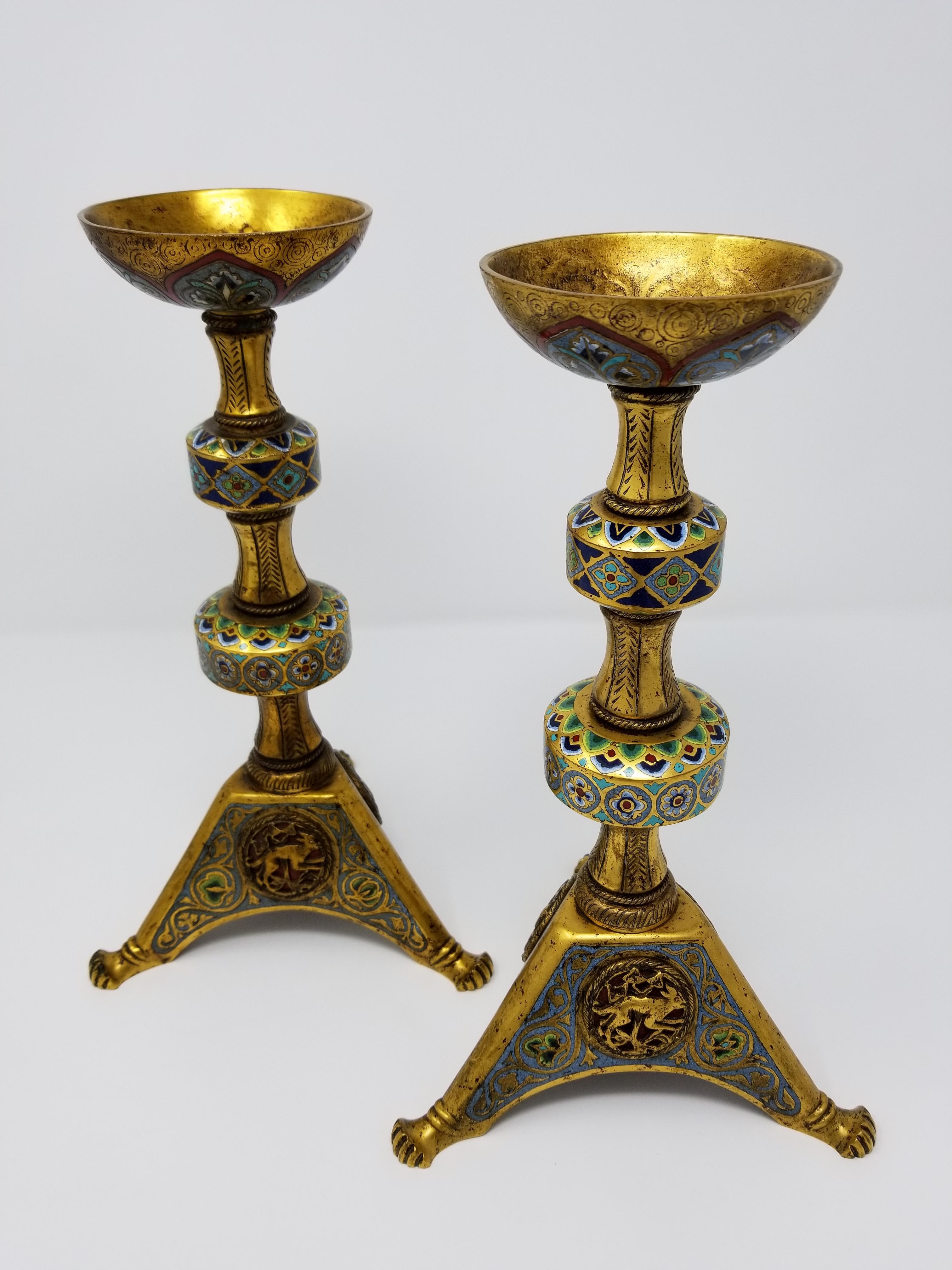 American Pr. E.F. Caldwell Enamel, Bz. Candlesticks, Renaissance Islamic/Orientalist For Sale