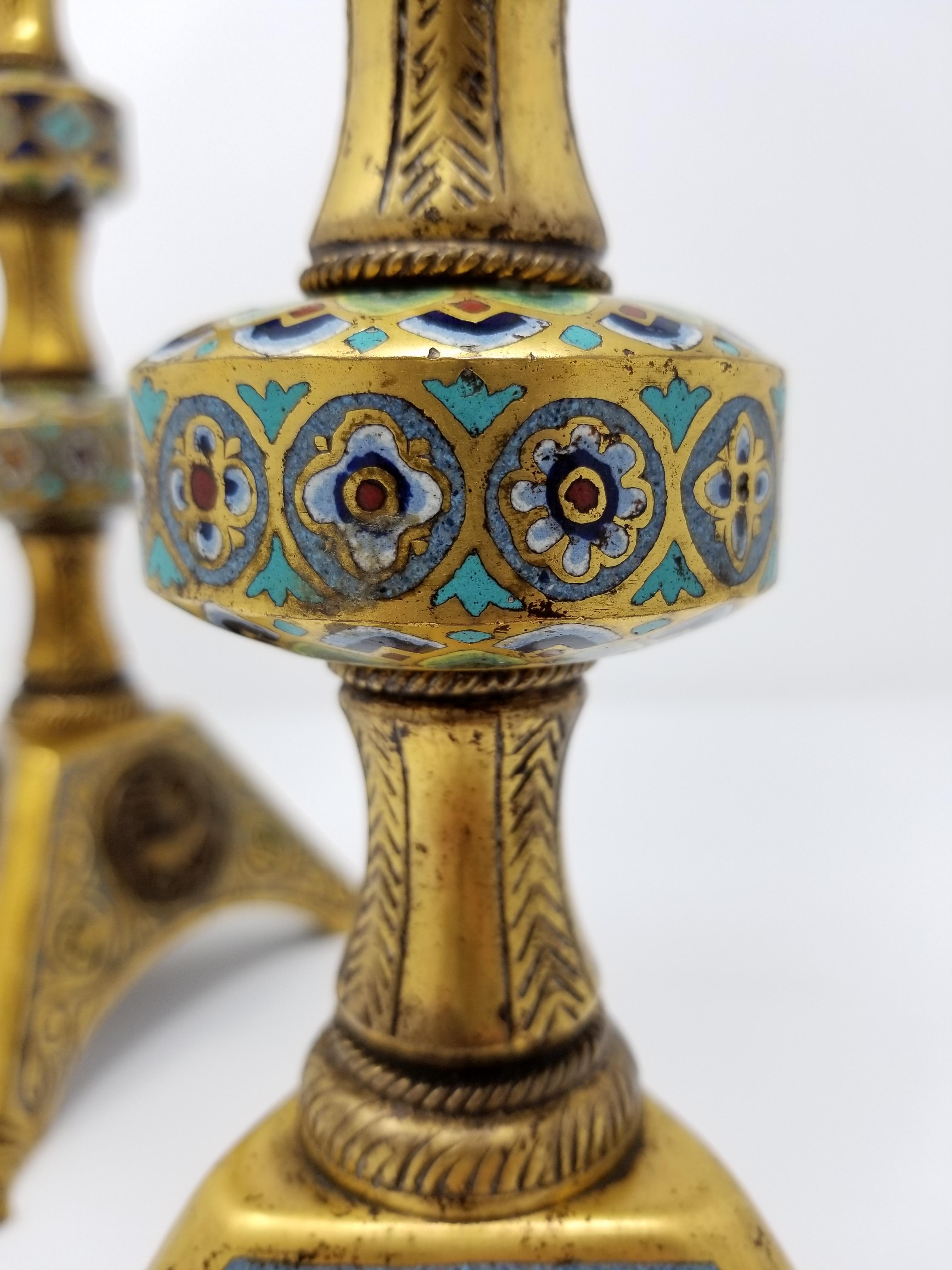 Pr. E.F. Caldwell Enamel, Bz. Candlesticks, Renaissance Islamic/Orientalist In Good Condition For Sale In New York, NY