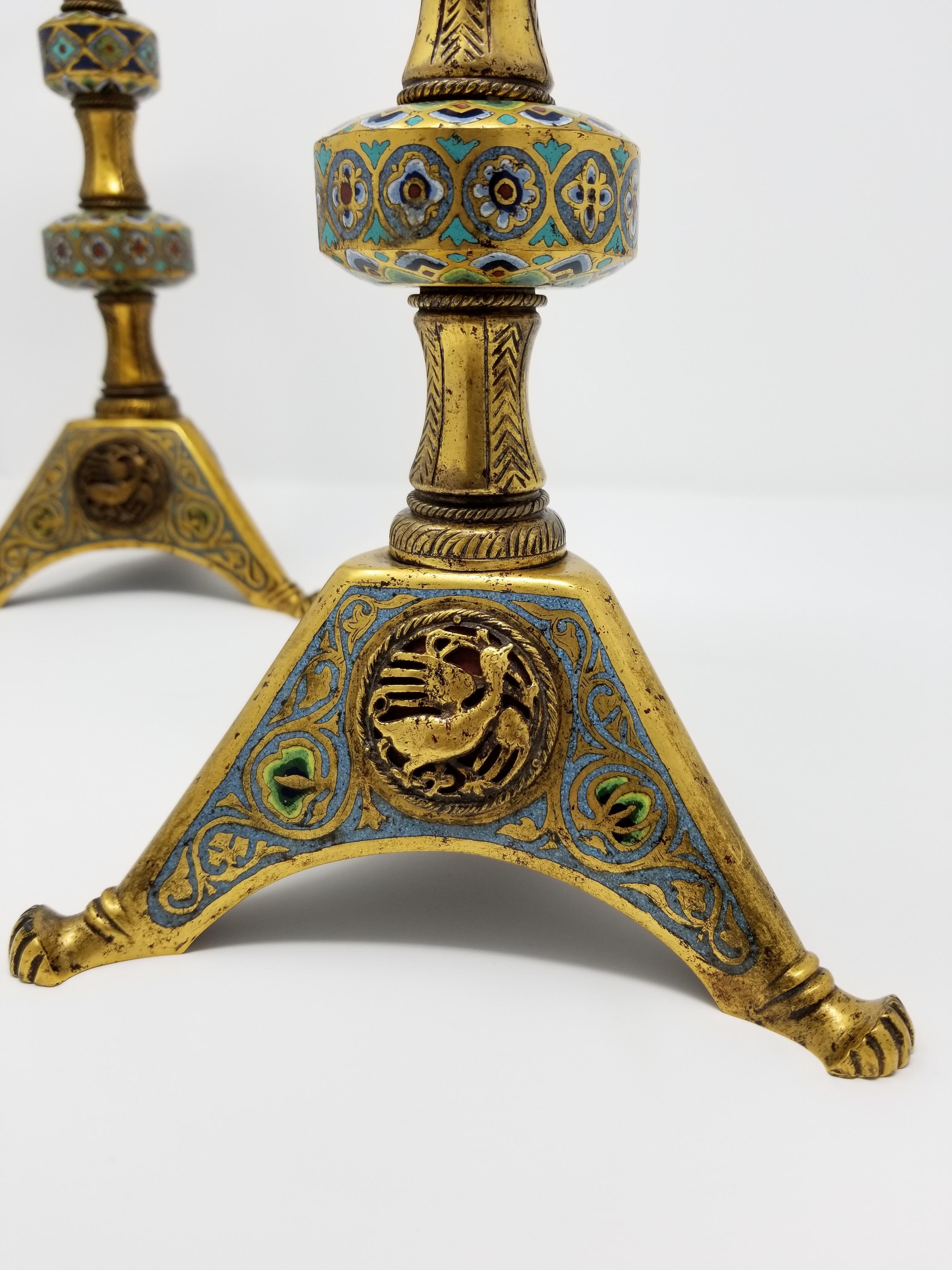 Bronze Pr. E.F. Caldwell Enamel, Bz. Candlesticks, Renaissance Islamic/Orientalist For Sale