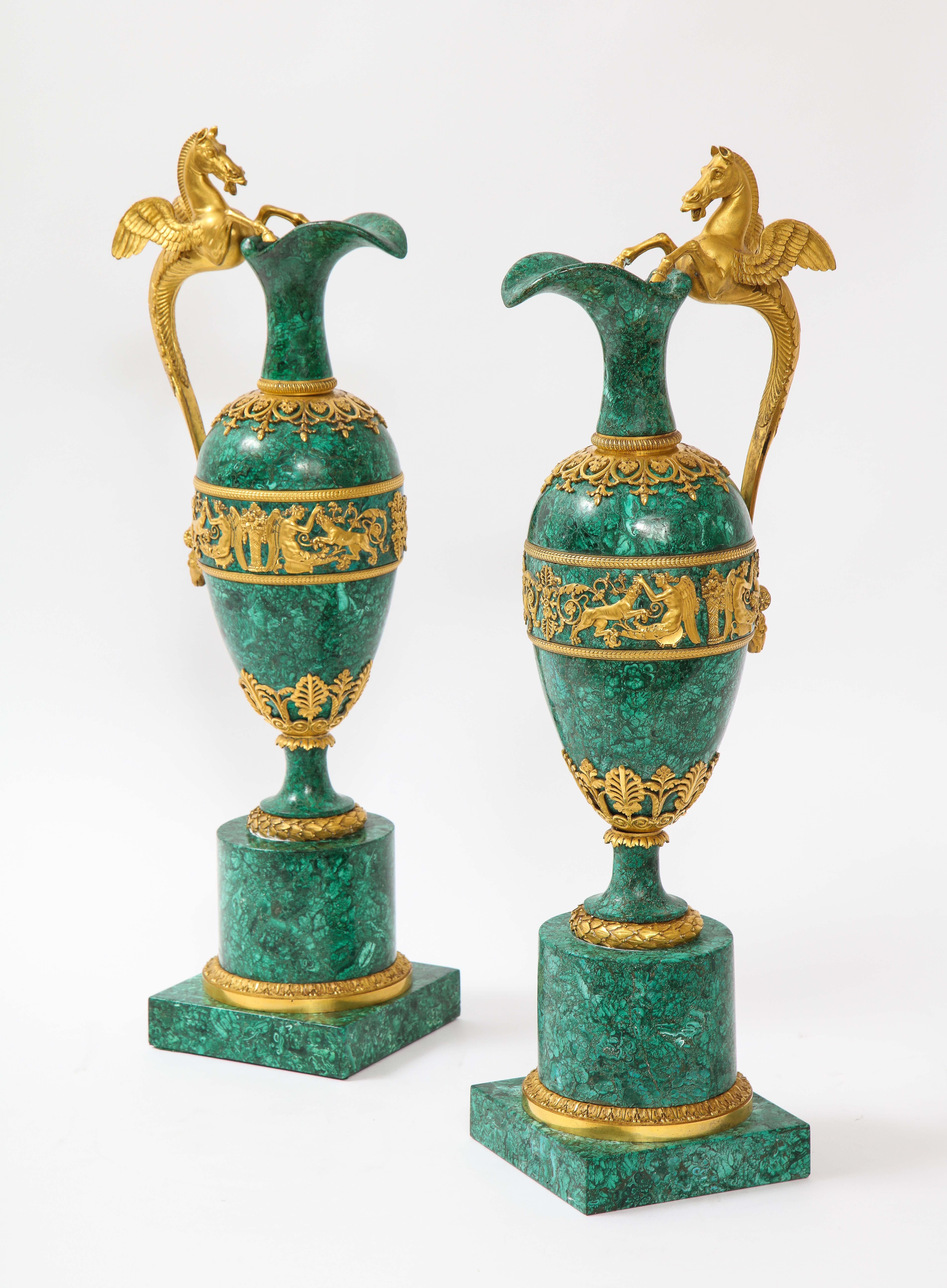 Hand-Carved Empire Ormolu-Mounted Malachite Ewers Attributed to Claude Galle, Russian, Pair