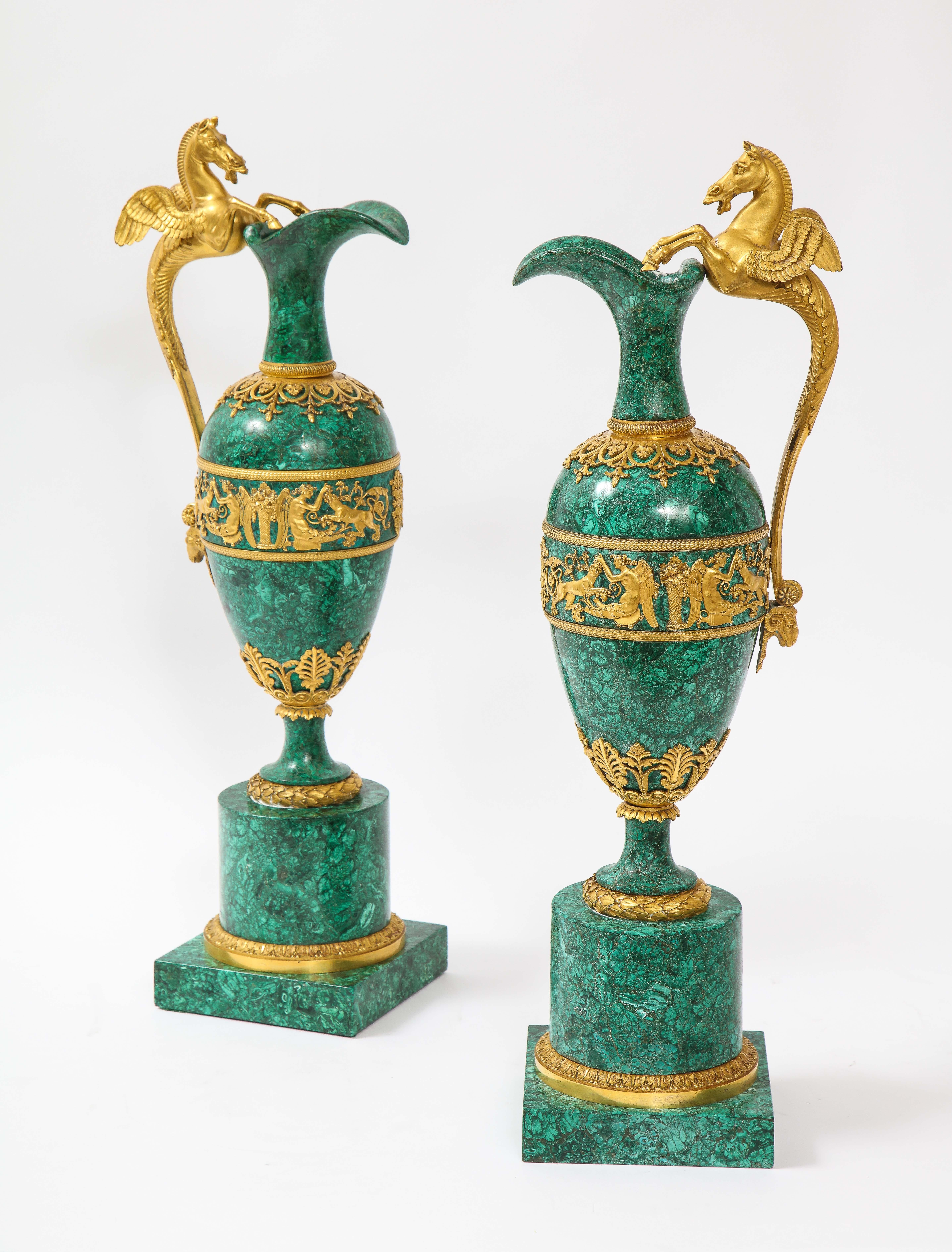 Empire Ormolu-Mounted Malachite Ewers Attributed to Claude Galle, Russian, Pair In Good Condition In New York, NY