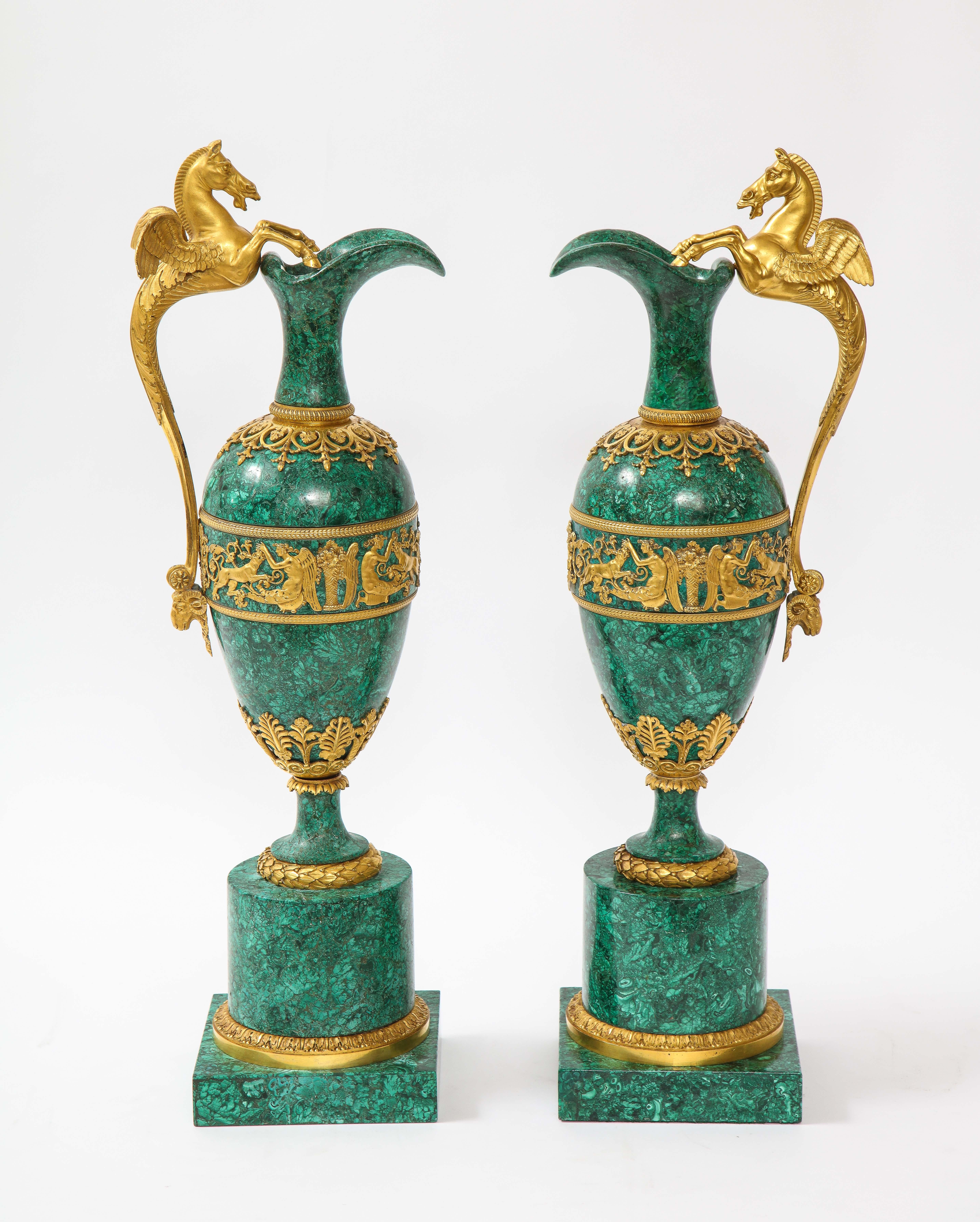 Early 19th Century Empire Ormolu-Mounted Malachite Ewers Attributed to Claude Galle, Russian, Pair