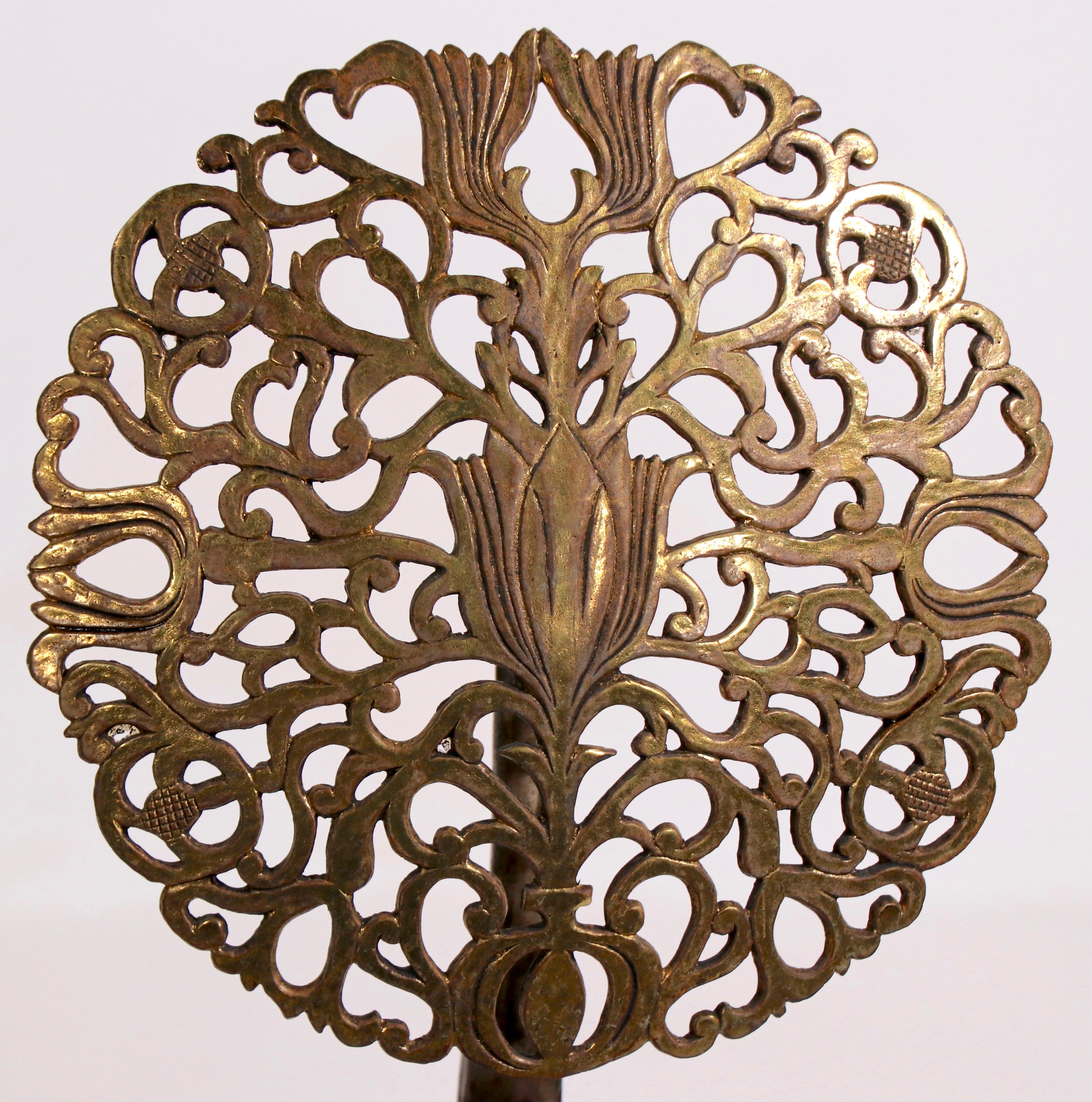 British Pr. English Arts & Crafts Andirons Iron with Brass Filigree Foliate Tops